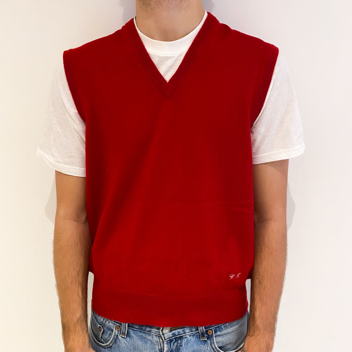 Men's Red Cashmere V Neck Tank Top Large
