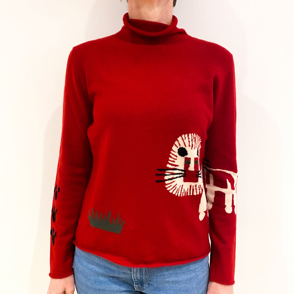 Scarlet Red Lion Design Cashmere Funnel Neck Jumper Small