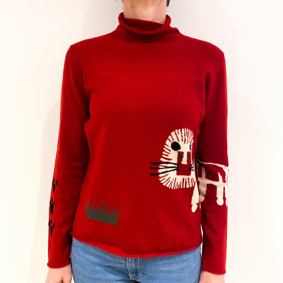 Scarlet Red Lion Design Cashmere Funnel Neck Jumper Small