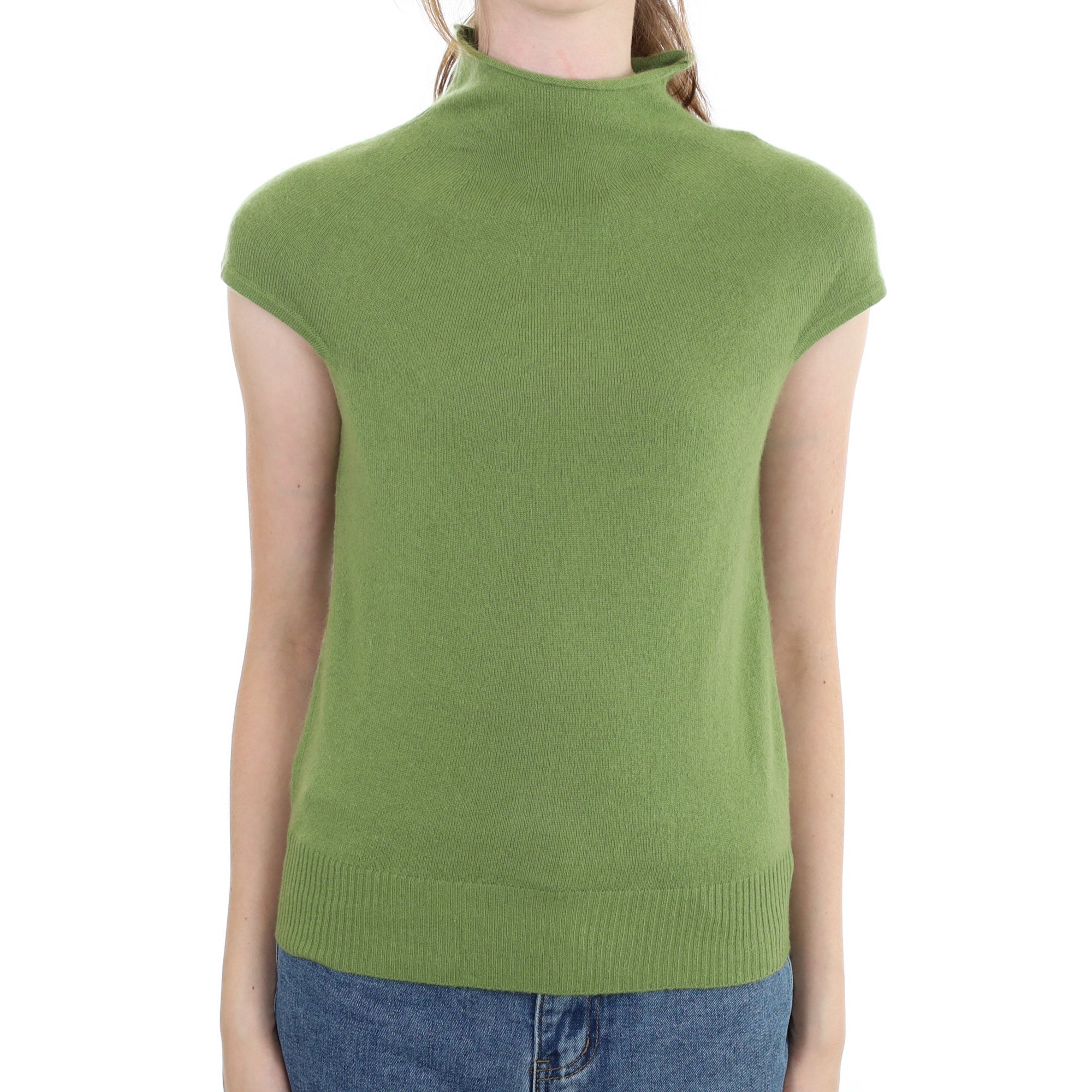 Pear Green Cashmere Capped Sleeve Turtle Neck Jumper Extra Small