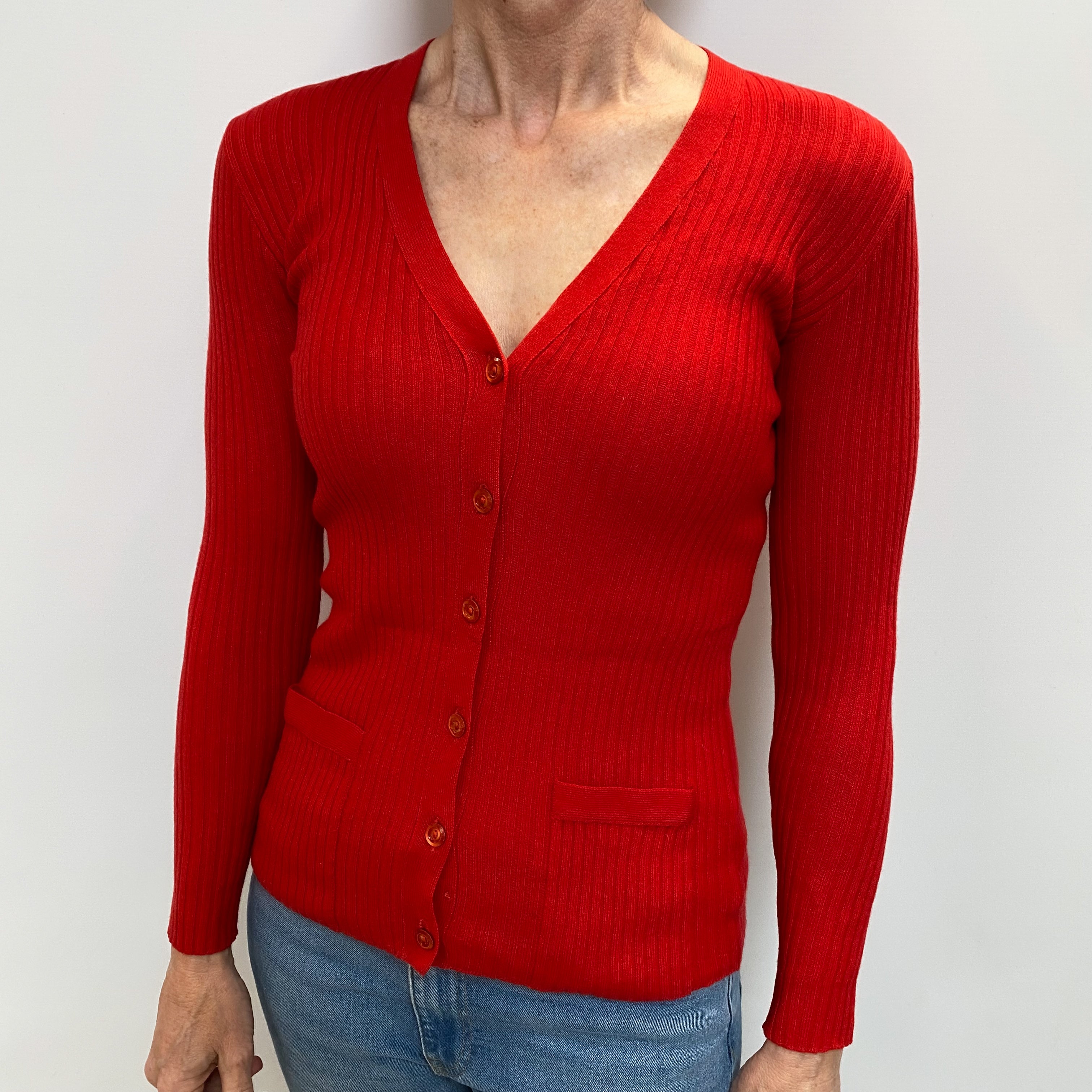 Vintage Scottish Tomato Red Cashmere V Neck Cardigan Small