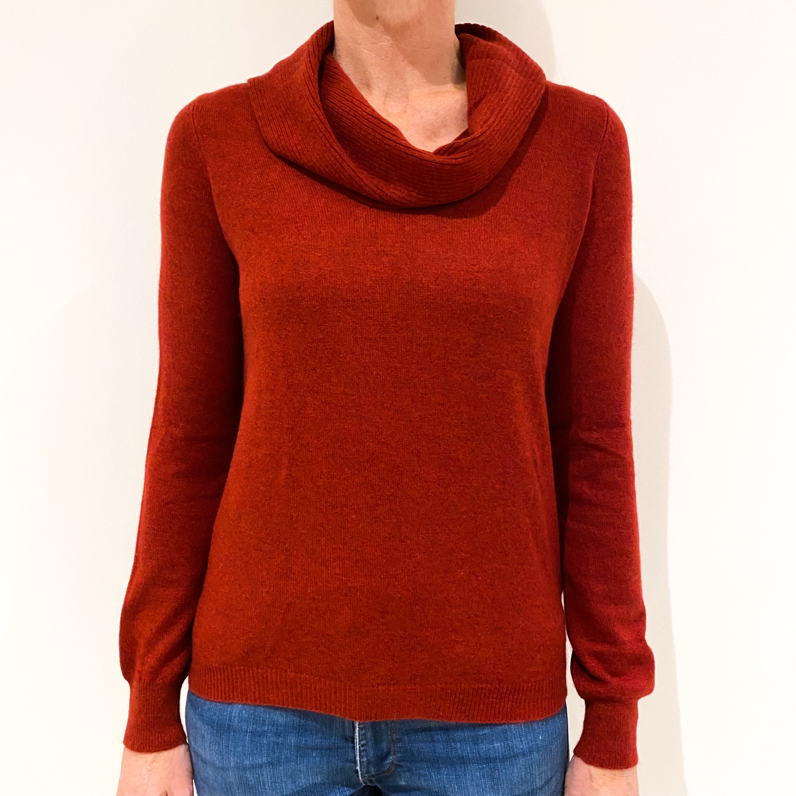 Dark Rust Orange Cashmere Cowl Neck Jumper Small