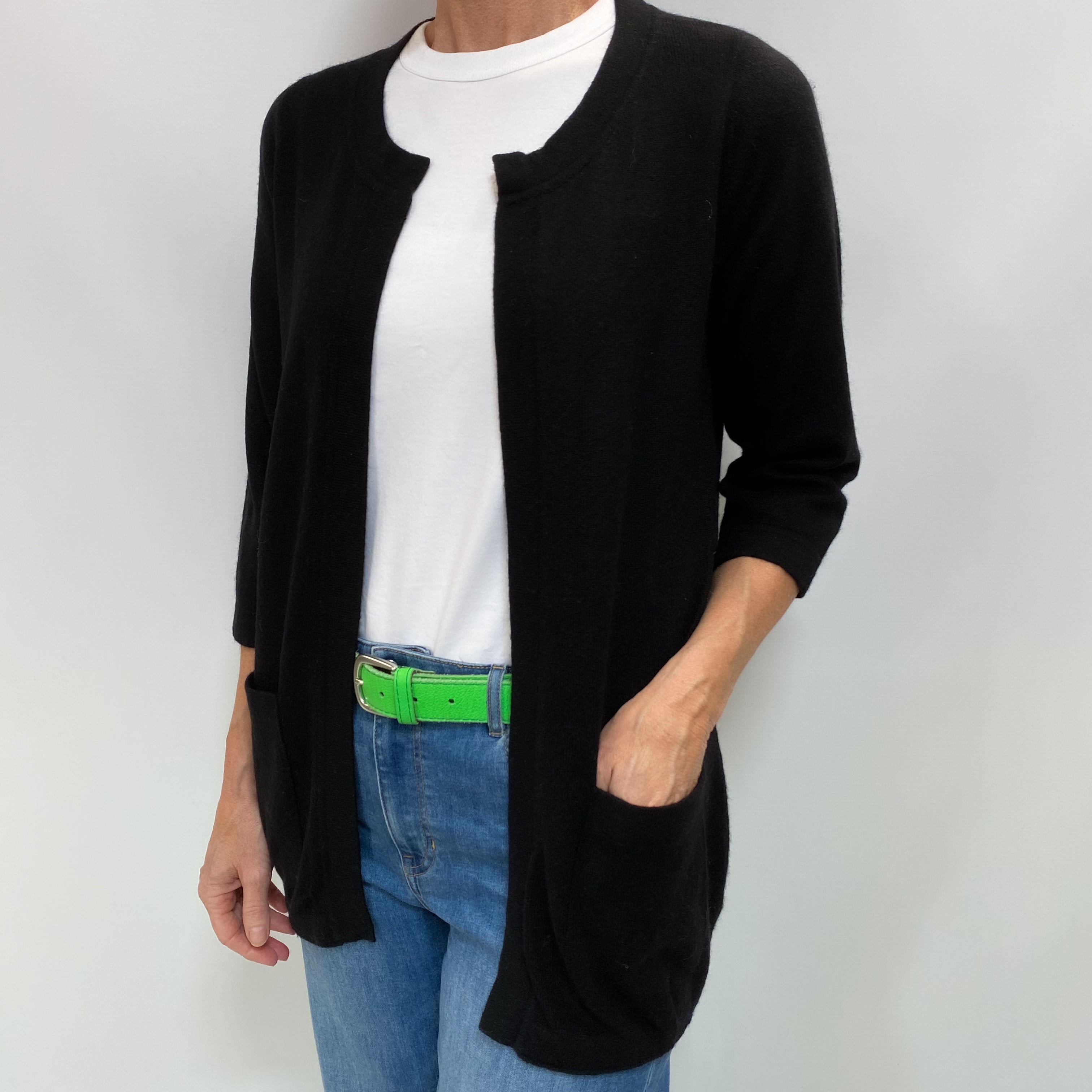 Black Cashmere Crew Neck Edge To Edge Cardigan Small