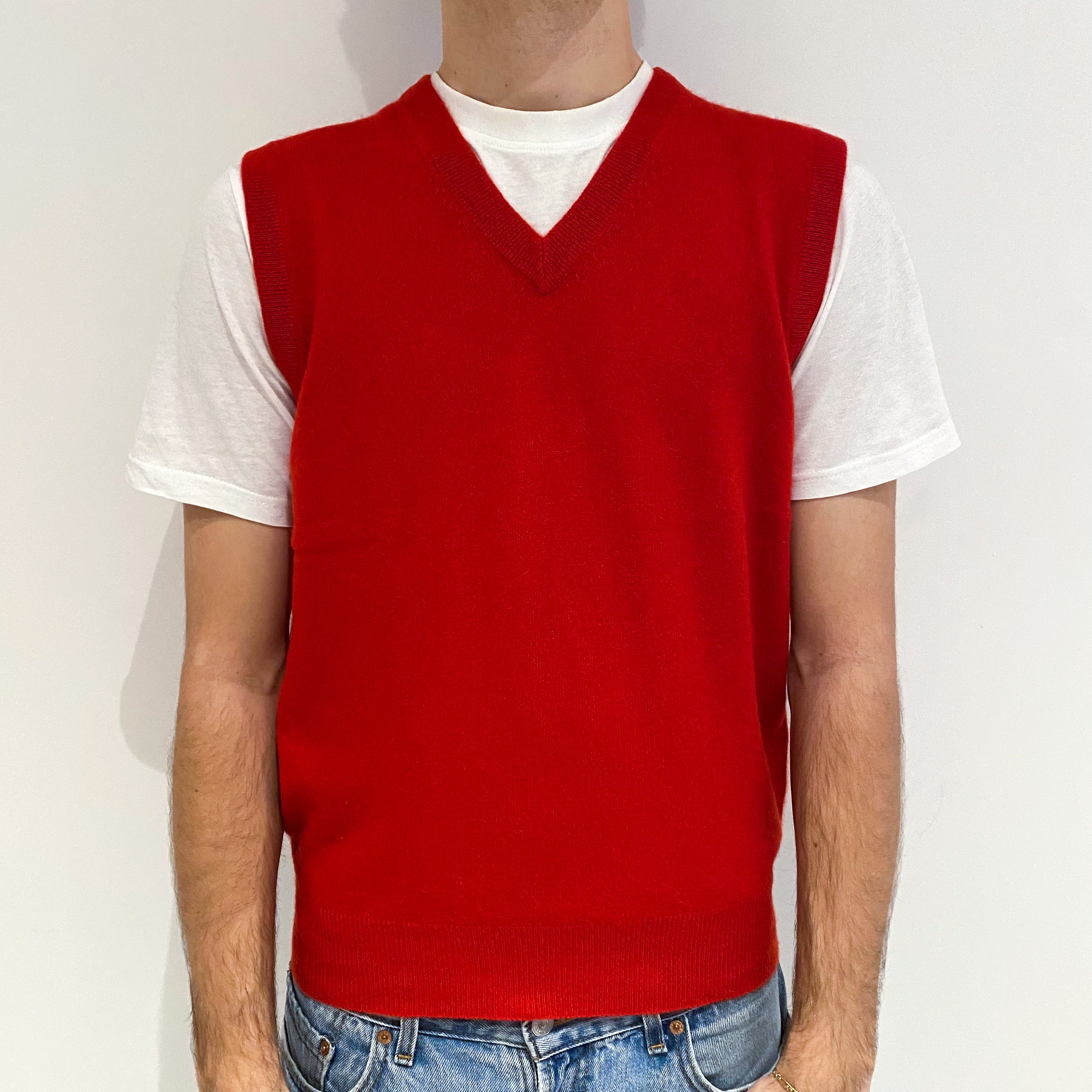 Men's Scarlet Red Cashmere V-Neck Tank Top Large
