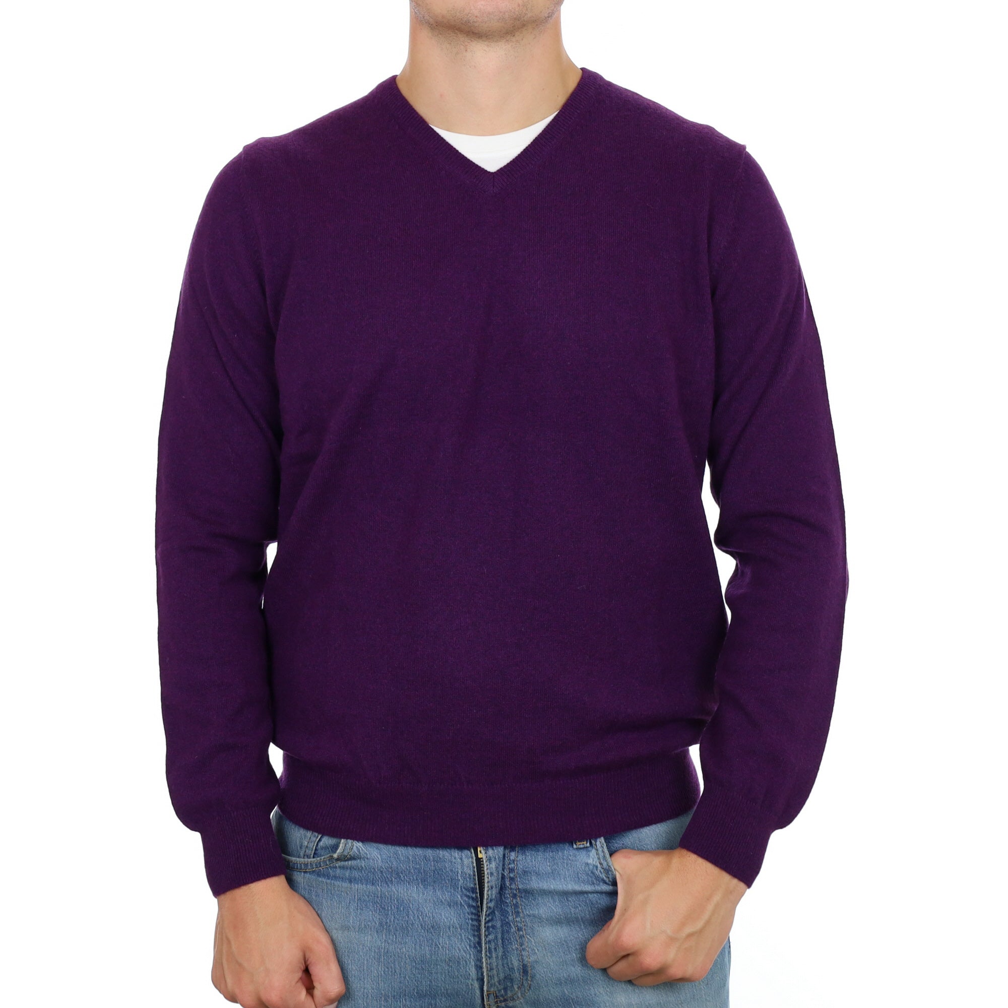 Men's Deep Purple Cashmere V Neck Jumper XL