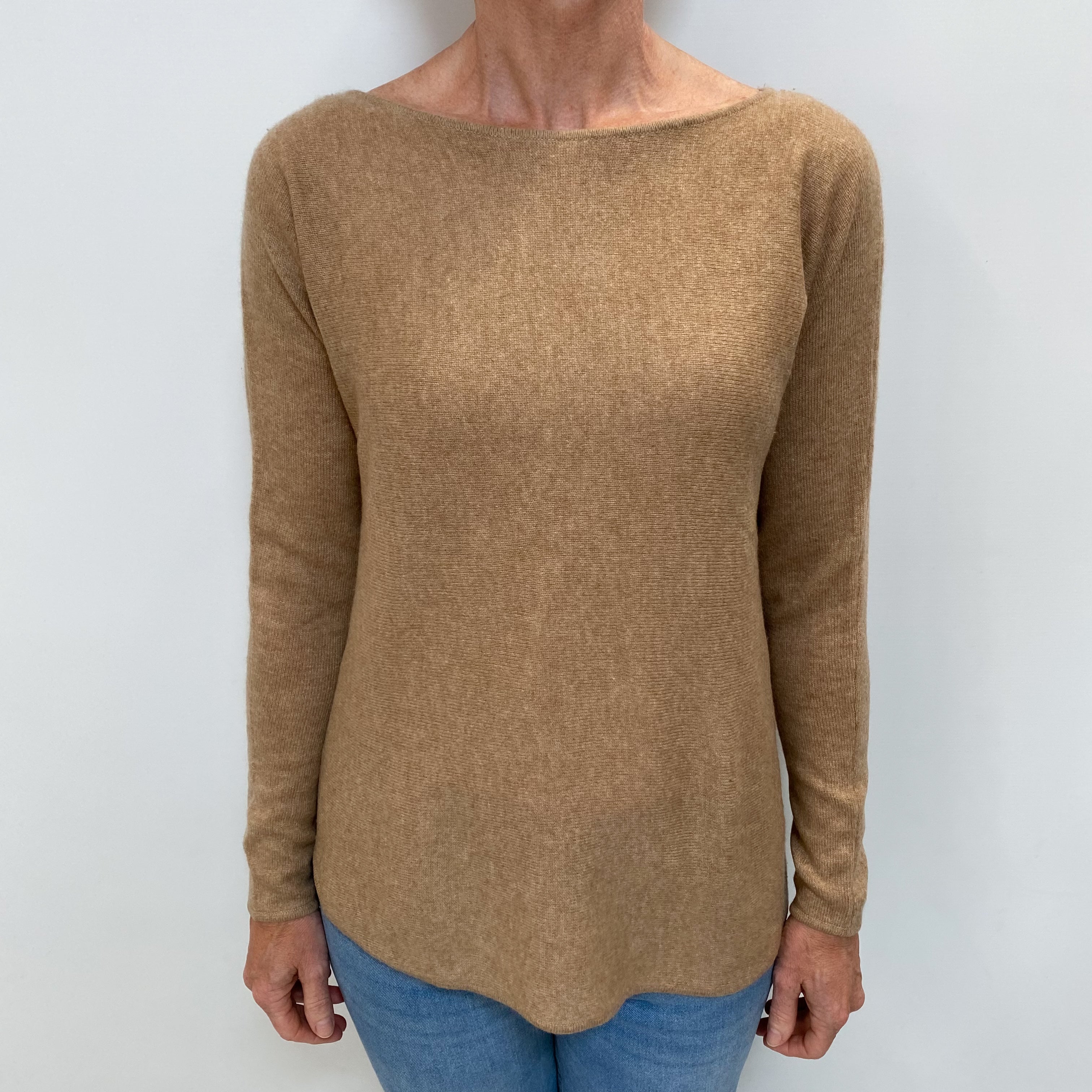 Caramel Brown Cashmere Batwing Slash Neck Jumper Small