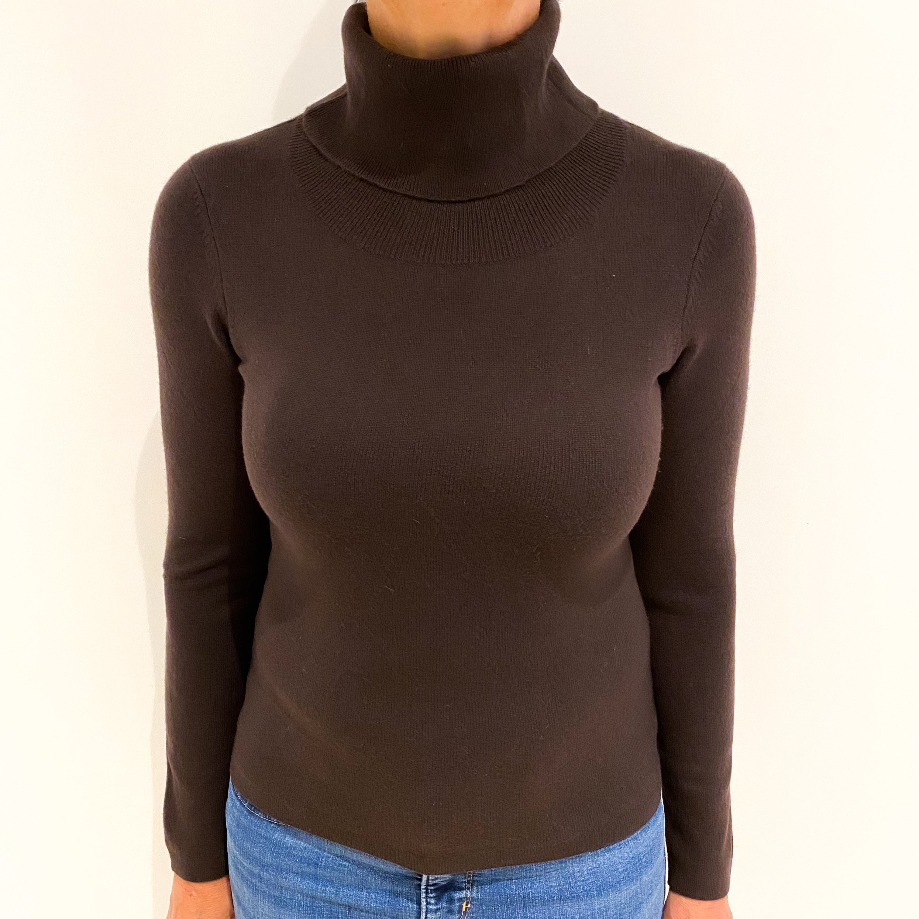 Chocolate Brown Cashmere Polo Neck Jumper Medium