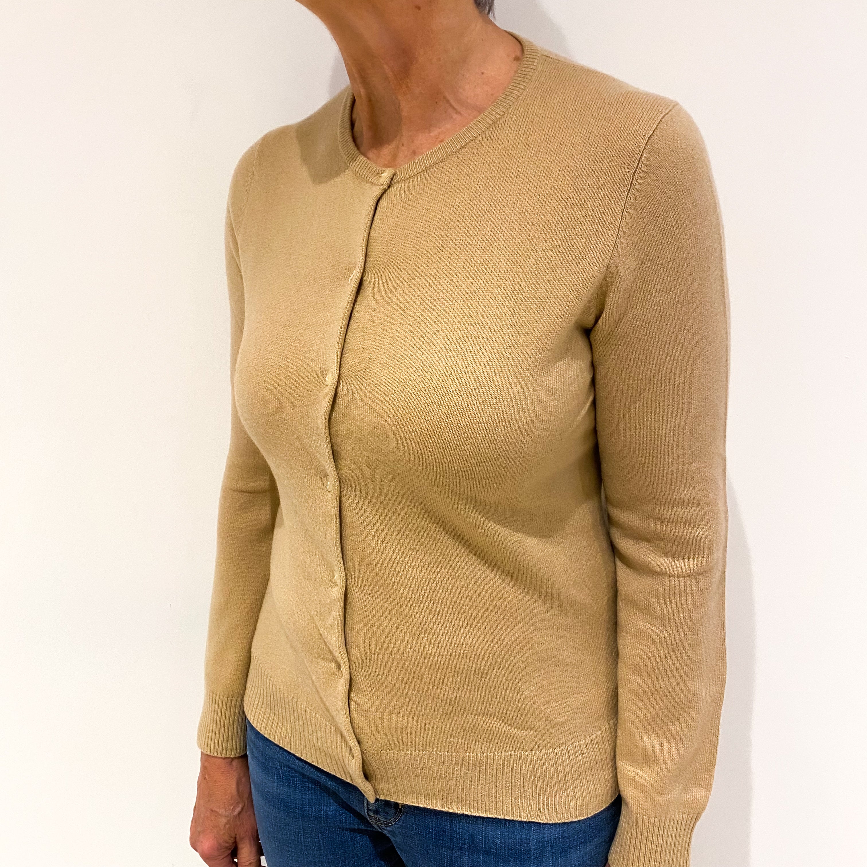 Caramel Brown Cashmere Crew Neck Cardigan Medium
