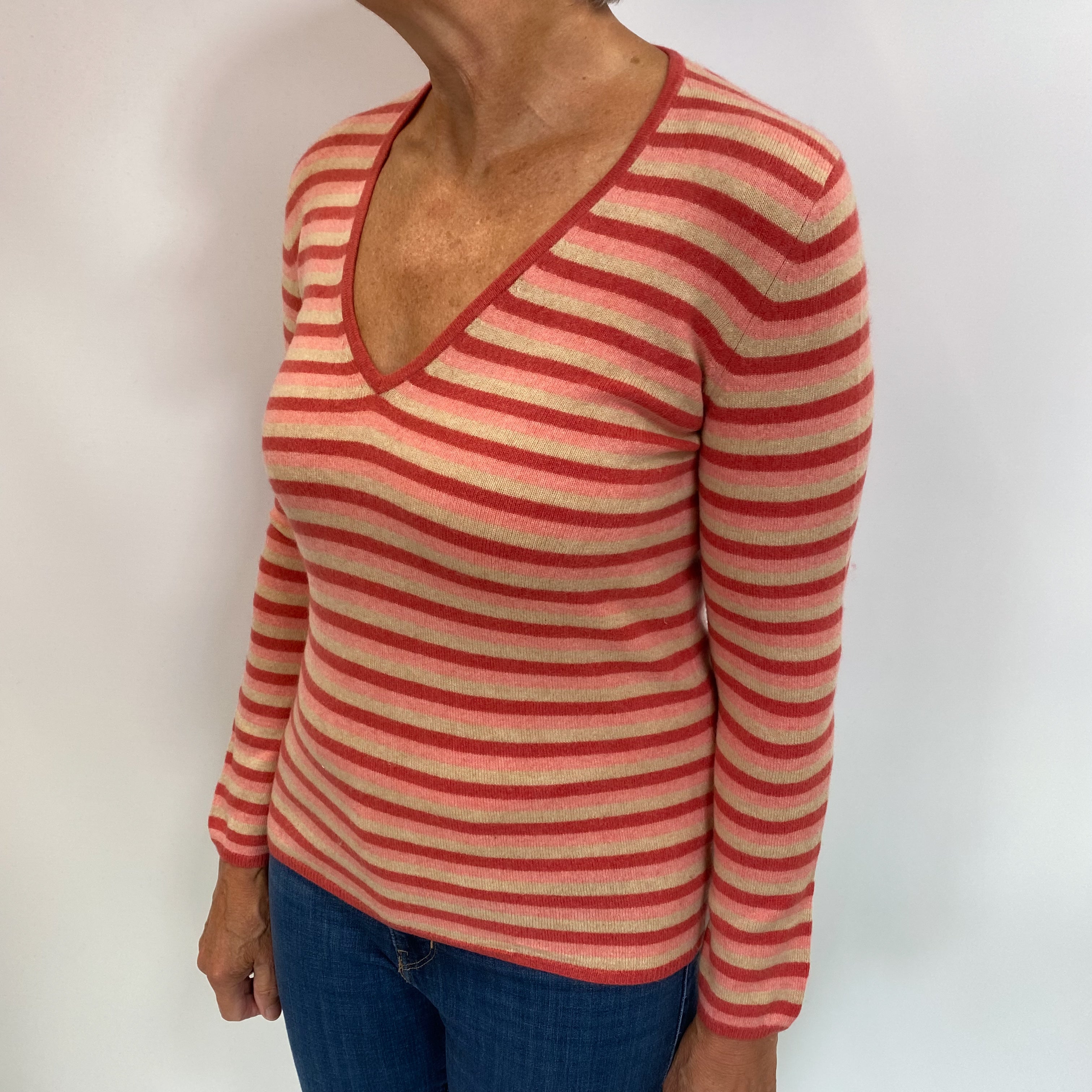 Pink and Beige Striped Cashmere V Neck Jumper Medium