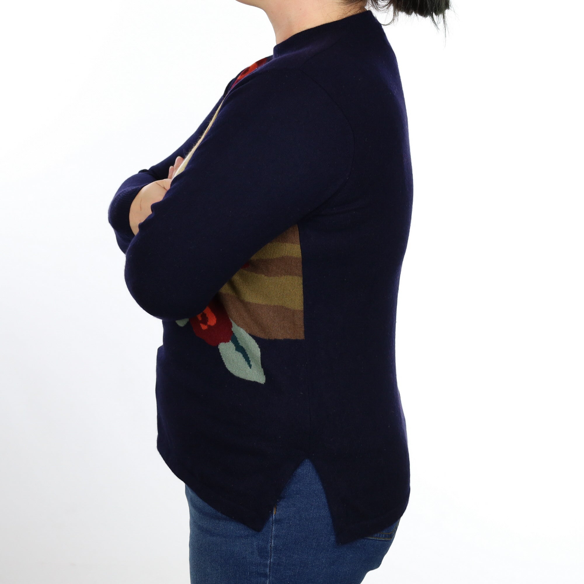 Navy Squirrel Motif Cashmere Crew Neck Jumper Large