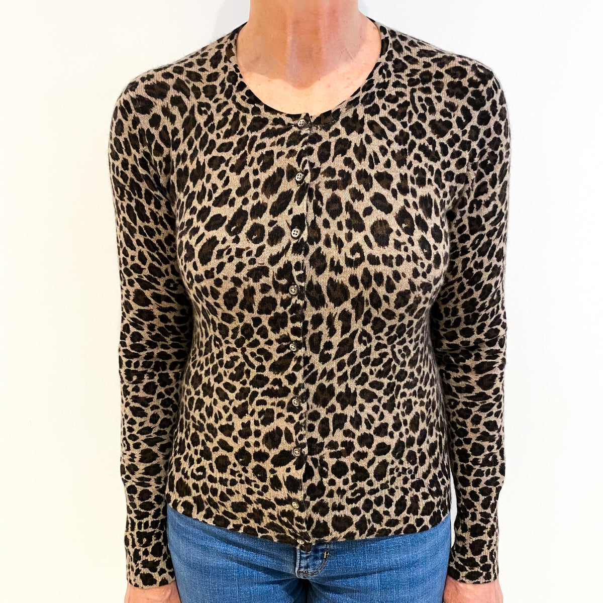 Brown Leopard Print Cashmere Crew Neck Cardigan Medium
