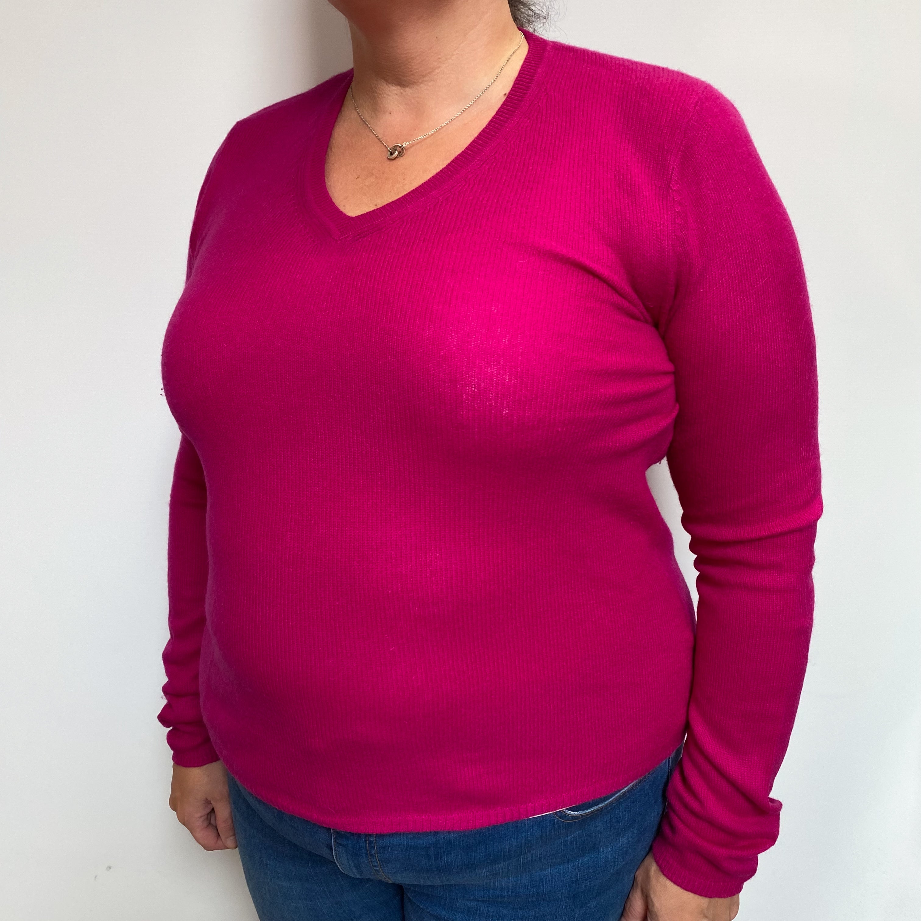 Fuchsia Pink Cashmere V Neck Jumper Extra Large