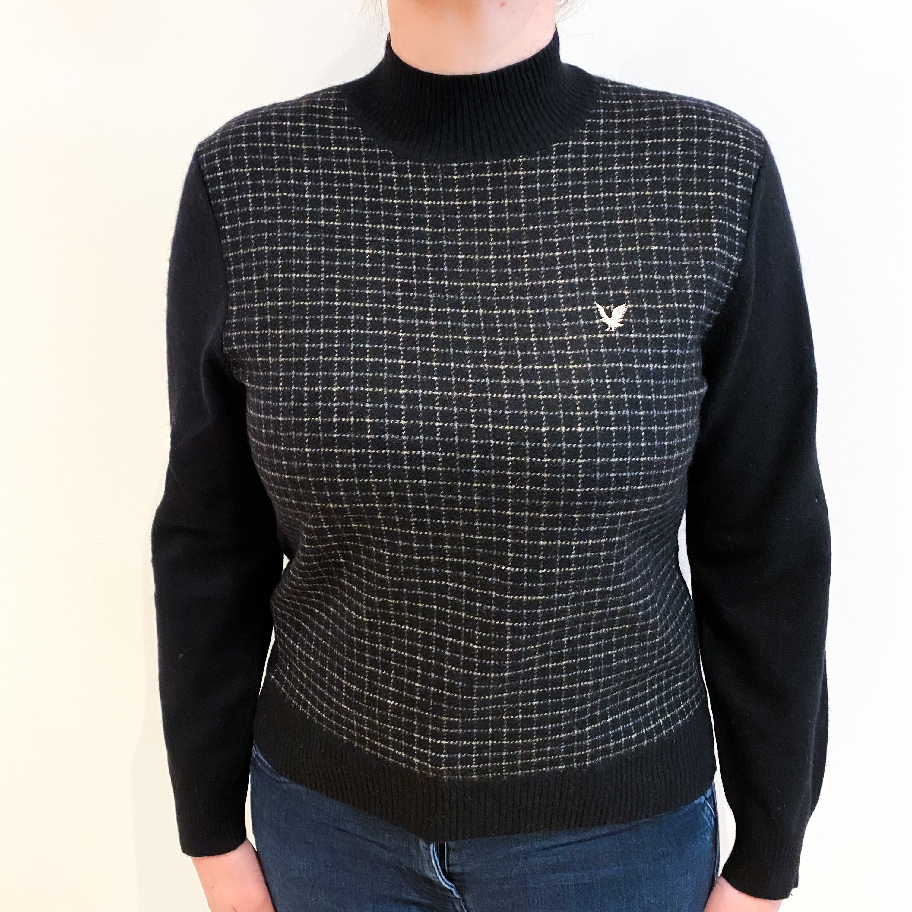 Lyle & Scott Black Checked Cashmere Turtle Neck Jumper Large