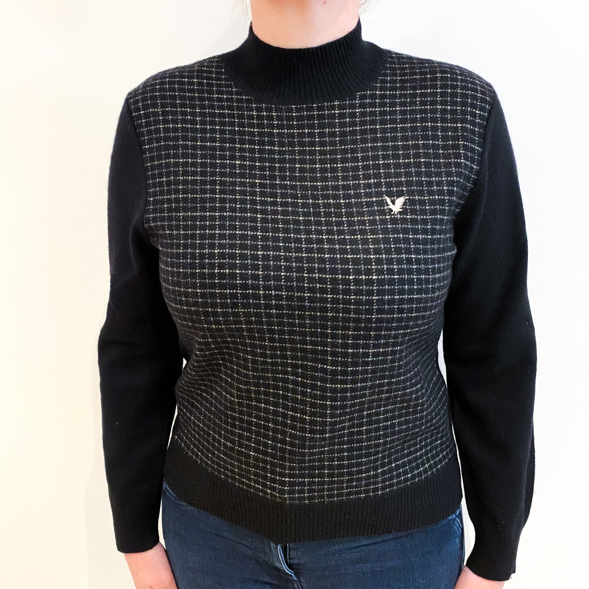 Lyle & Scott Black Checked Cashmere Turtle Neck Jumper Large