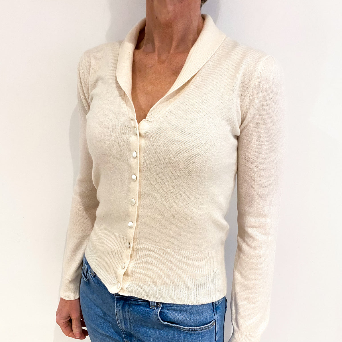 Vanilla Cream Cashmere Collared V Neck Cardigan Small