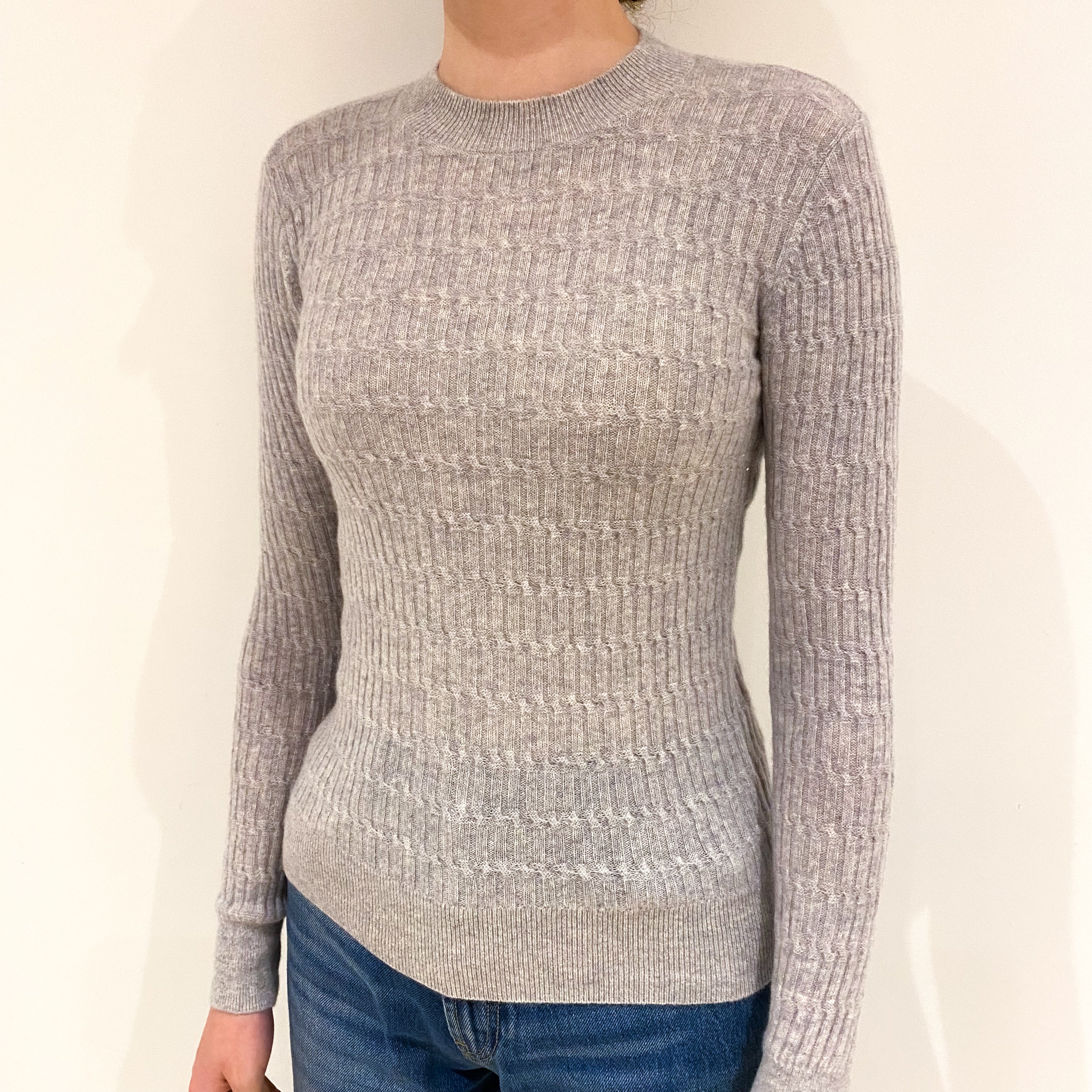 Mist Grey Cable Cashmere Turtle Neck Jumper Extra Extra Small