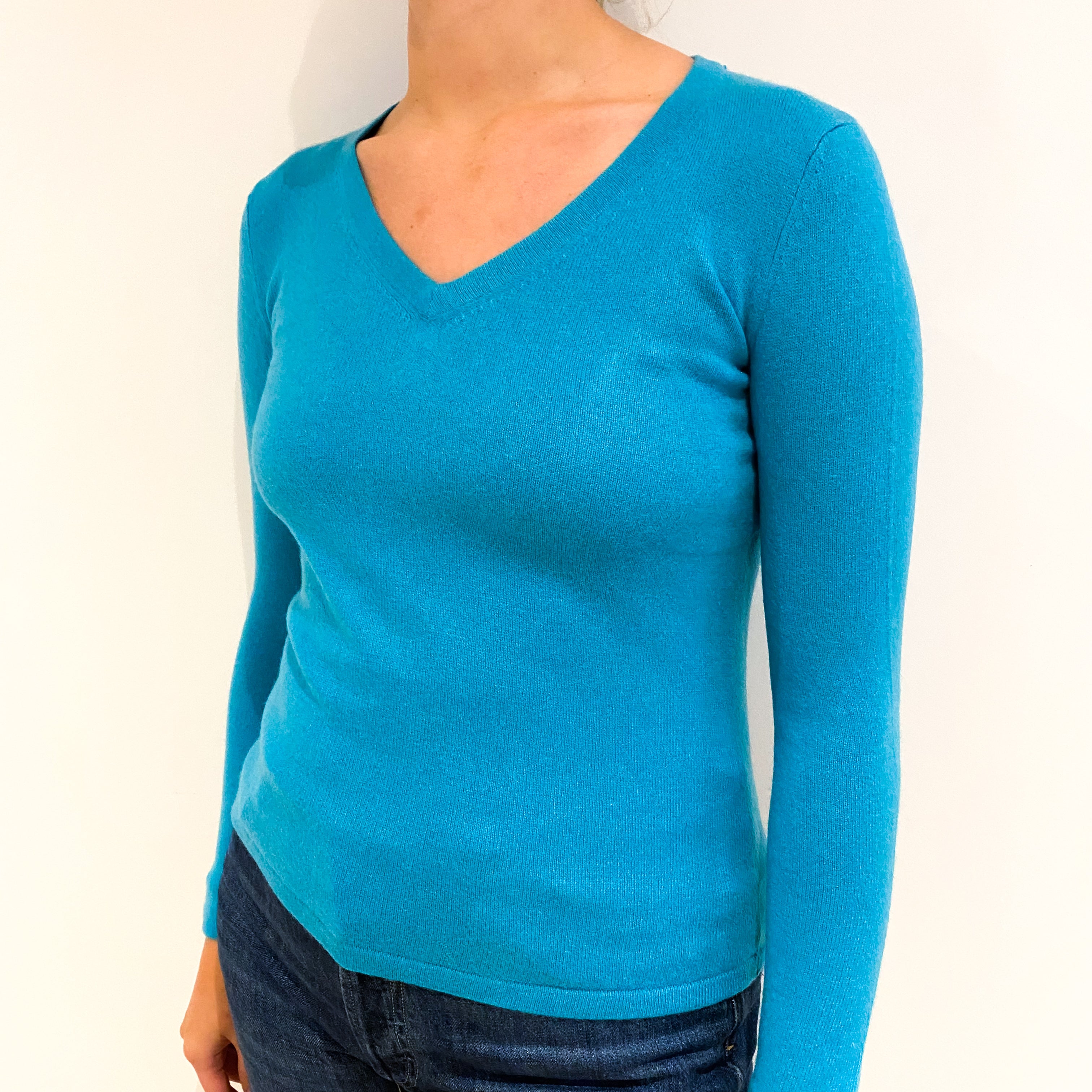 Turquoise Blue Cashmere V-Neck Jumper Small