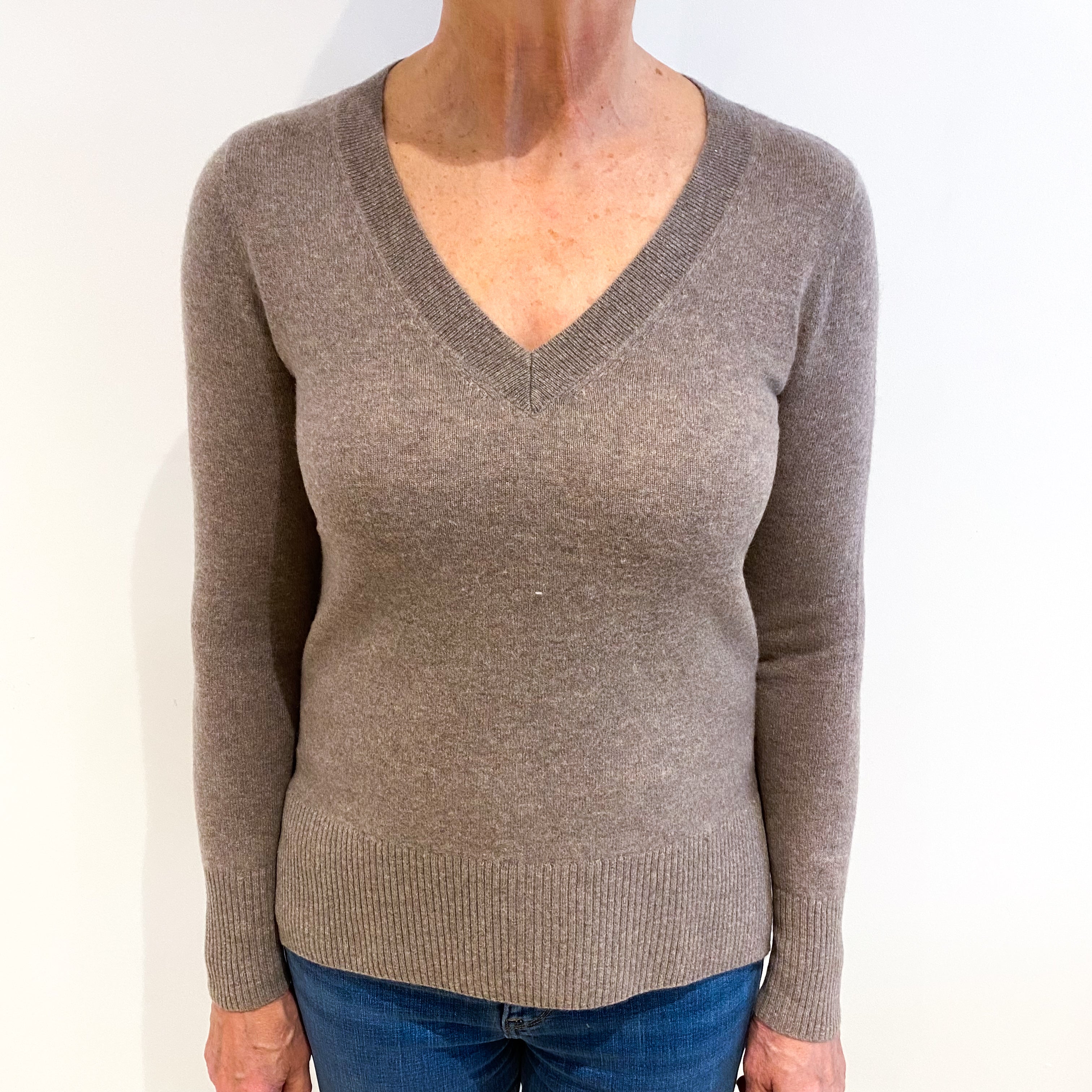 Taupe Brown Cashmere V Neck Jumper Medium