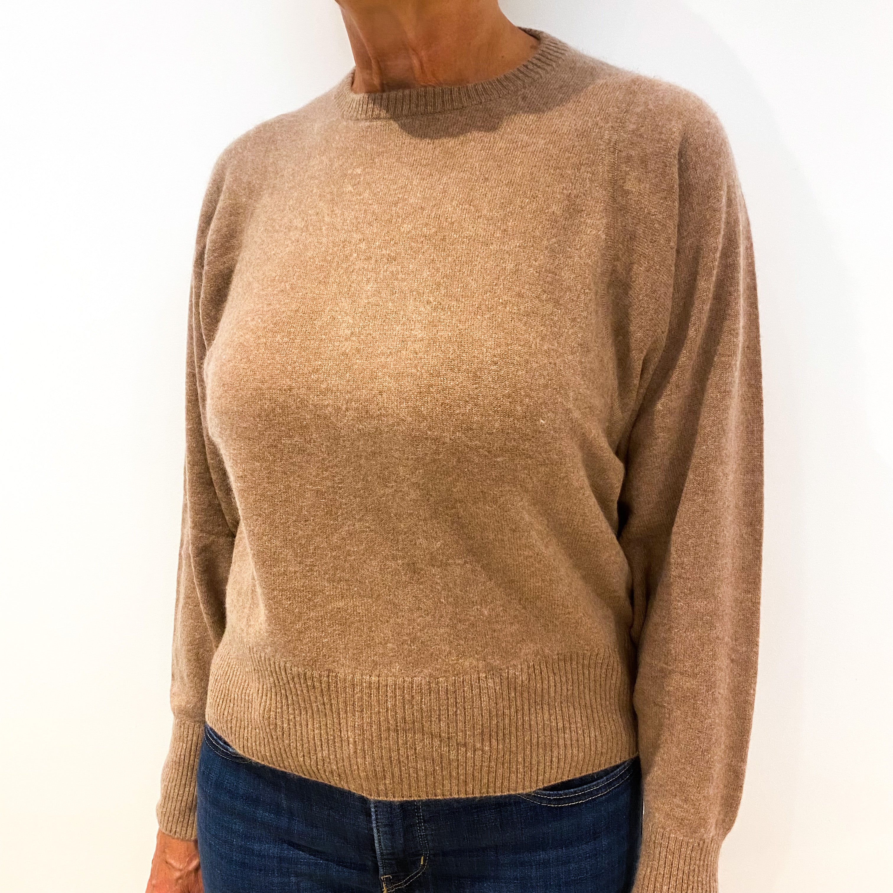 Beige Cashmere Crew Neck Jumper with Cutout Mink Fur Love Heart Medium