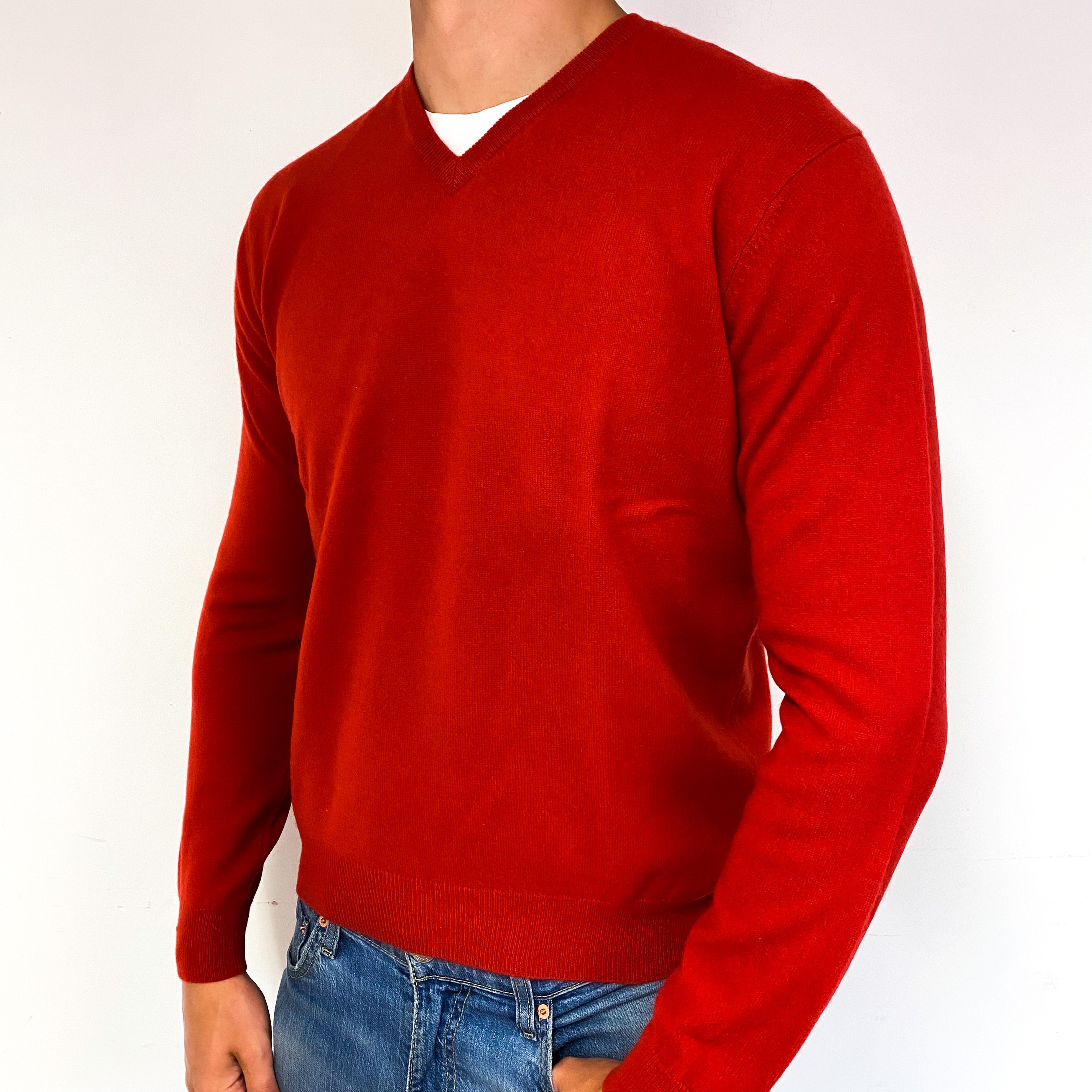 Men's Scarlet Red Cashmere V-Neck Jumper Extra Large