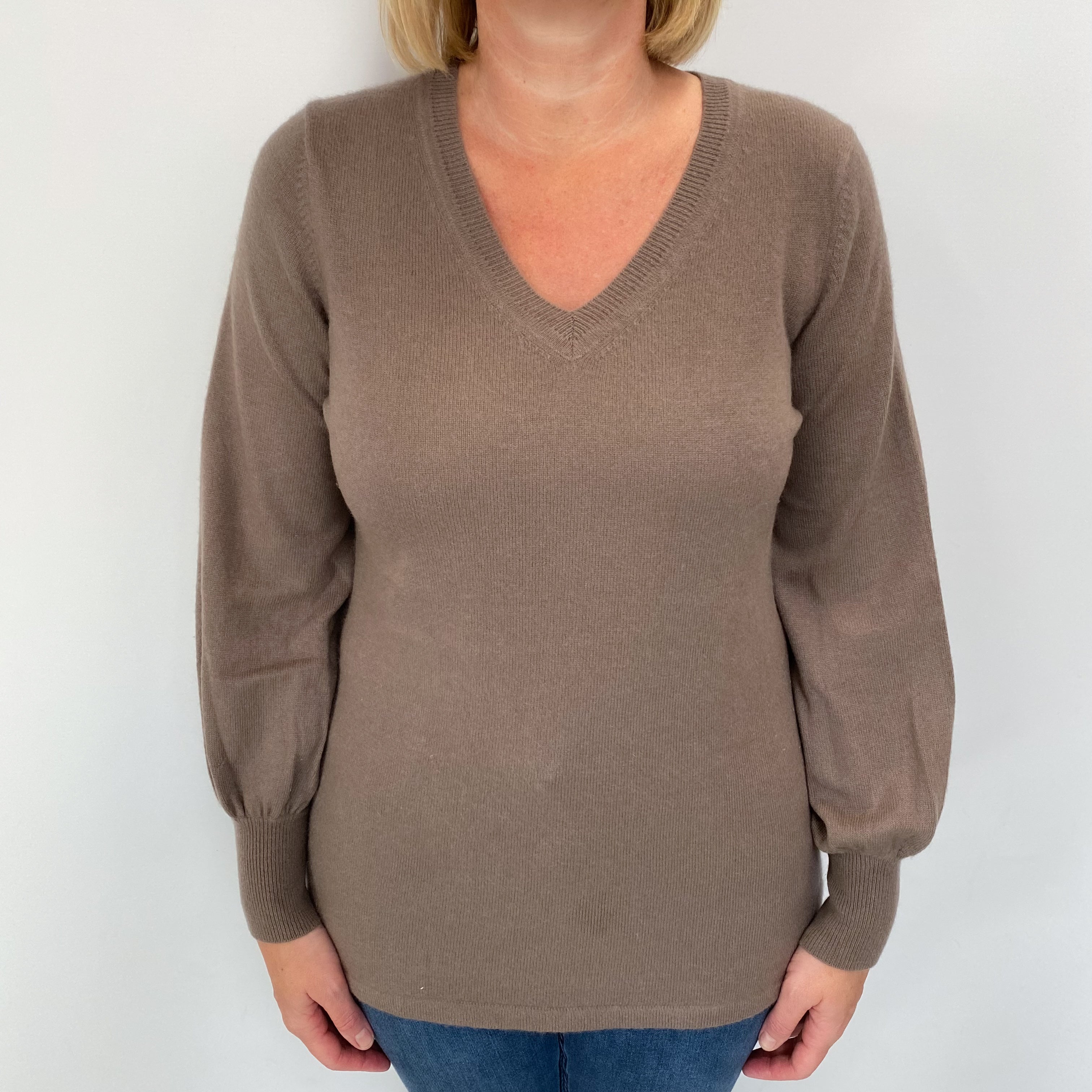 Pecan Brown Cashmere V Neck Jumper Large