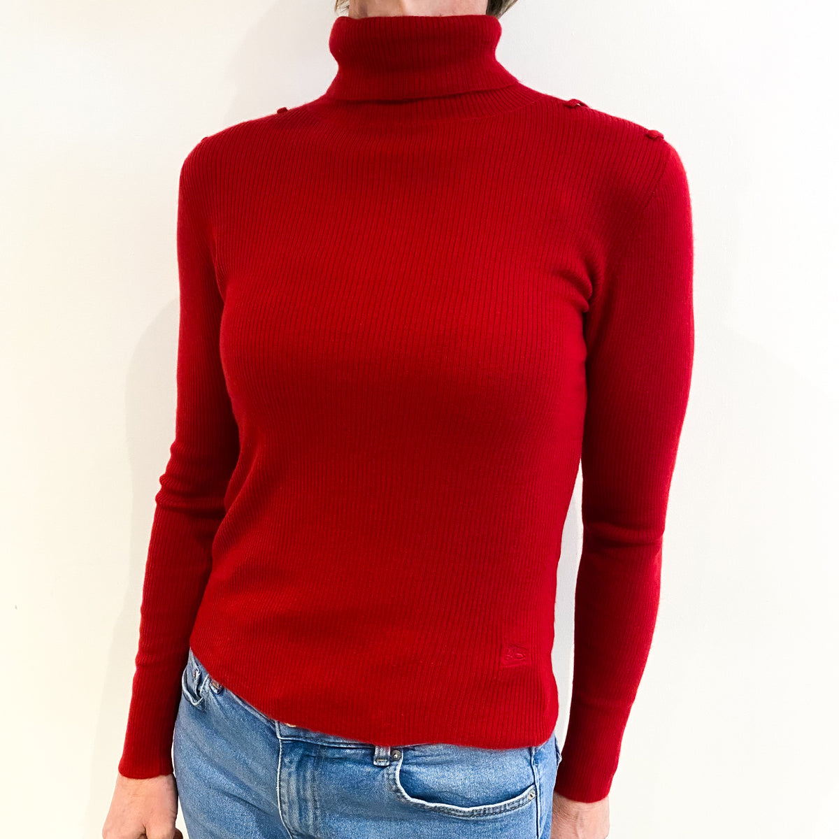 Burberry Red Cashmere Skinny Rib Polo Neck Jumper Small