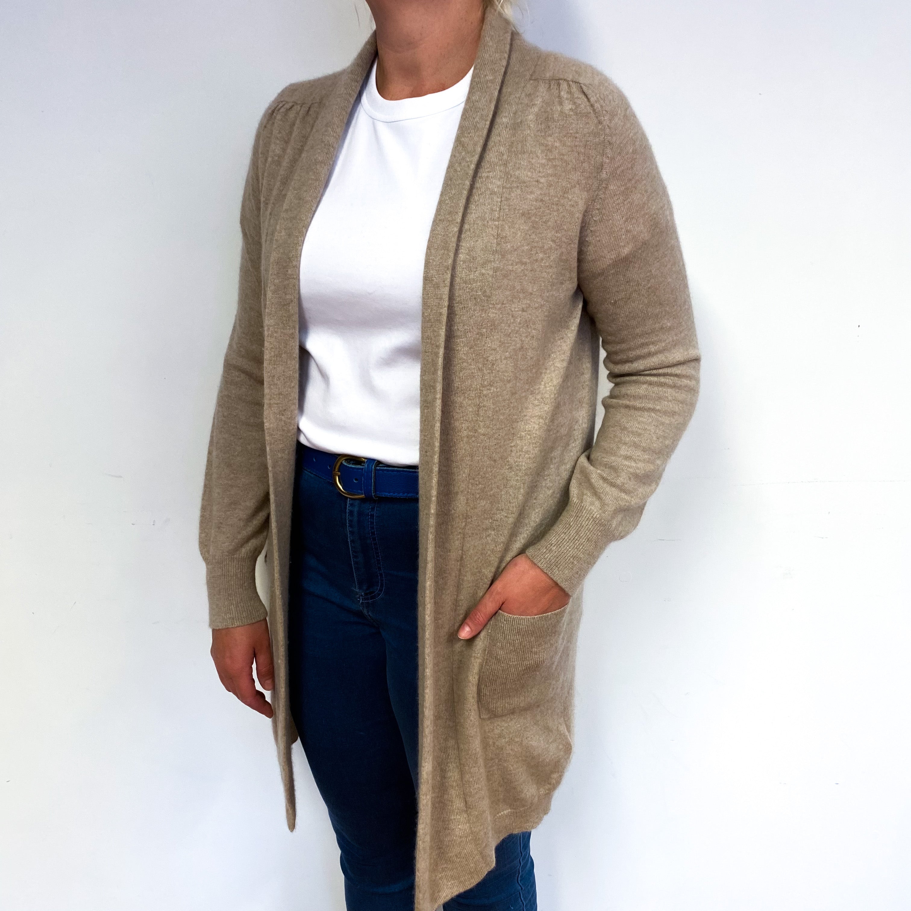 Taupe Brown Cashmere Edge to Edge Cardigan Large