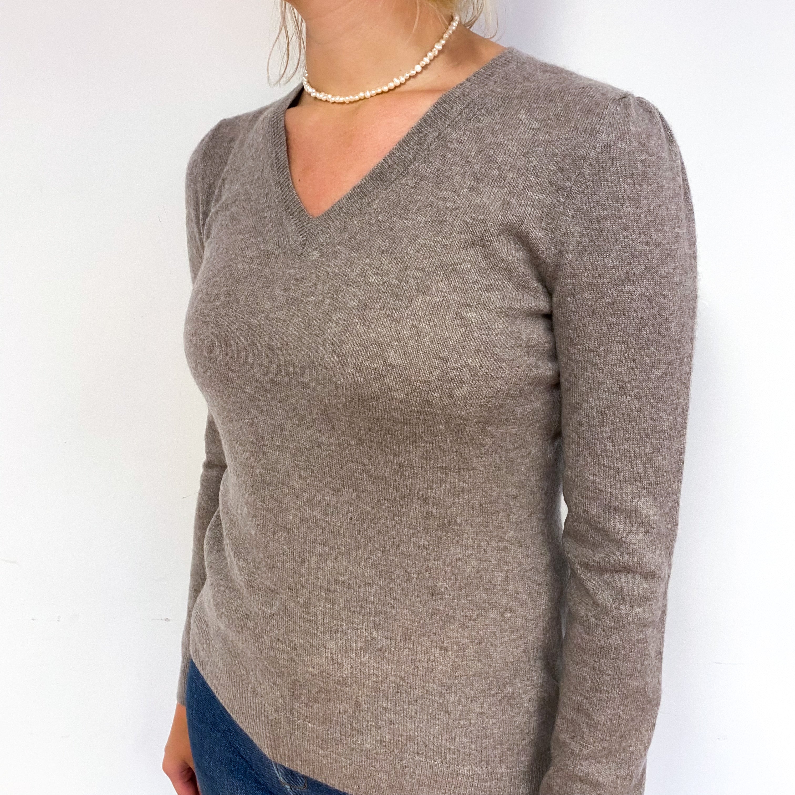 Mink Brown Cashmere V-Neck Jumper Small