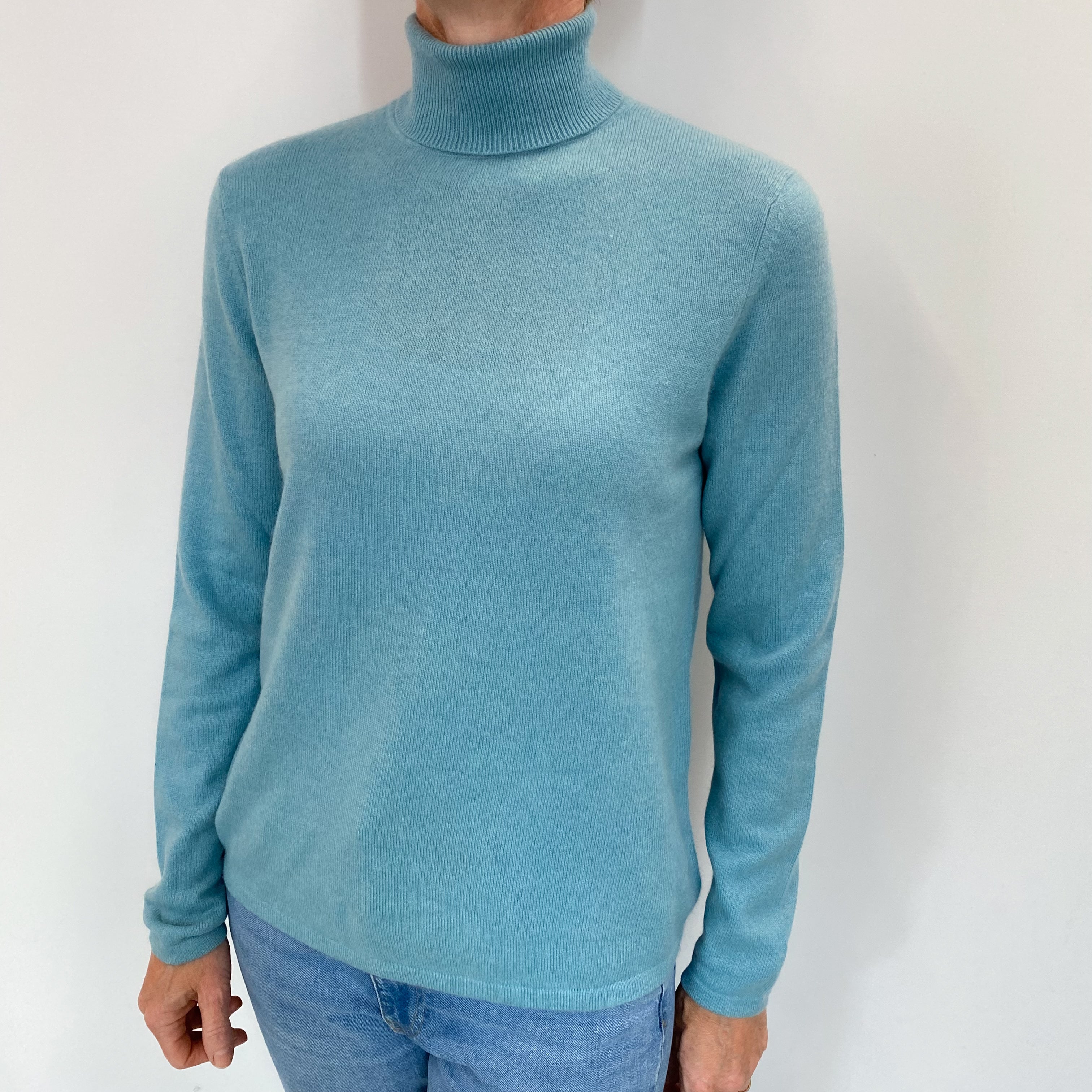 Aquamarine Blue Cashmere Polo Neck Jumper Small