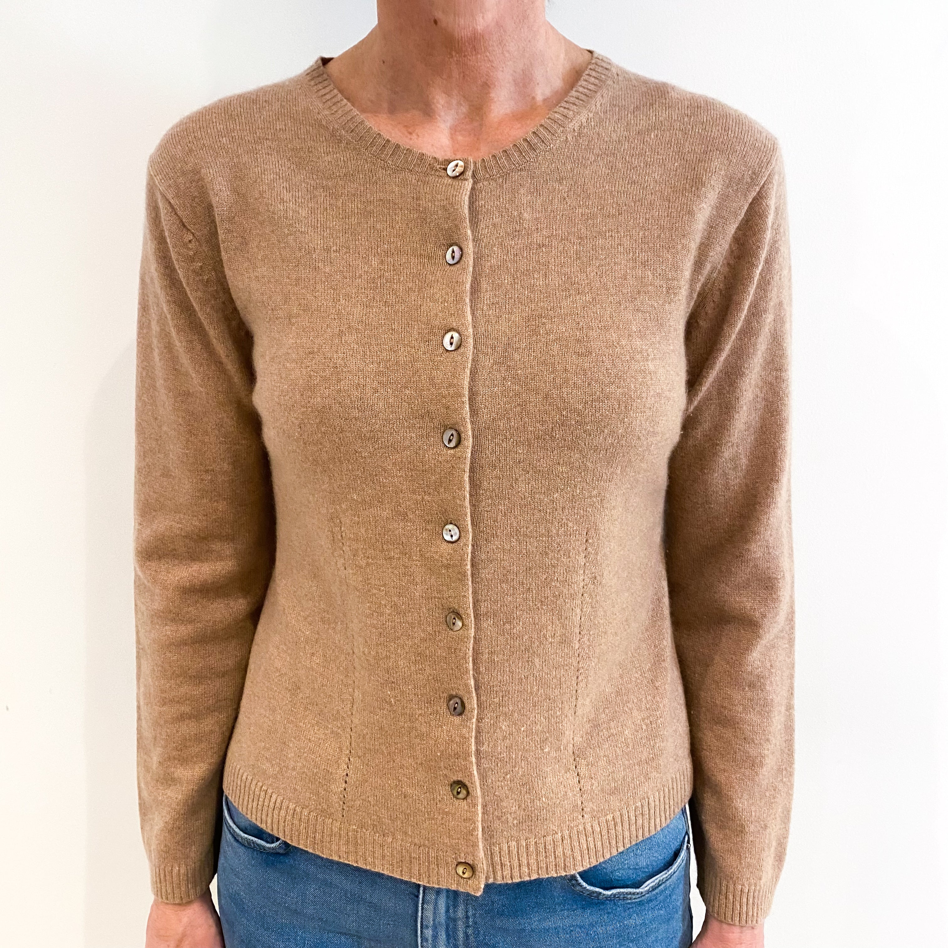 Camel Brown Cashmere Crew Neck Cardigan Small
