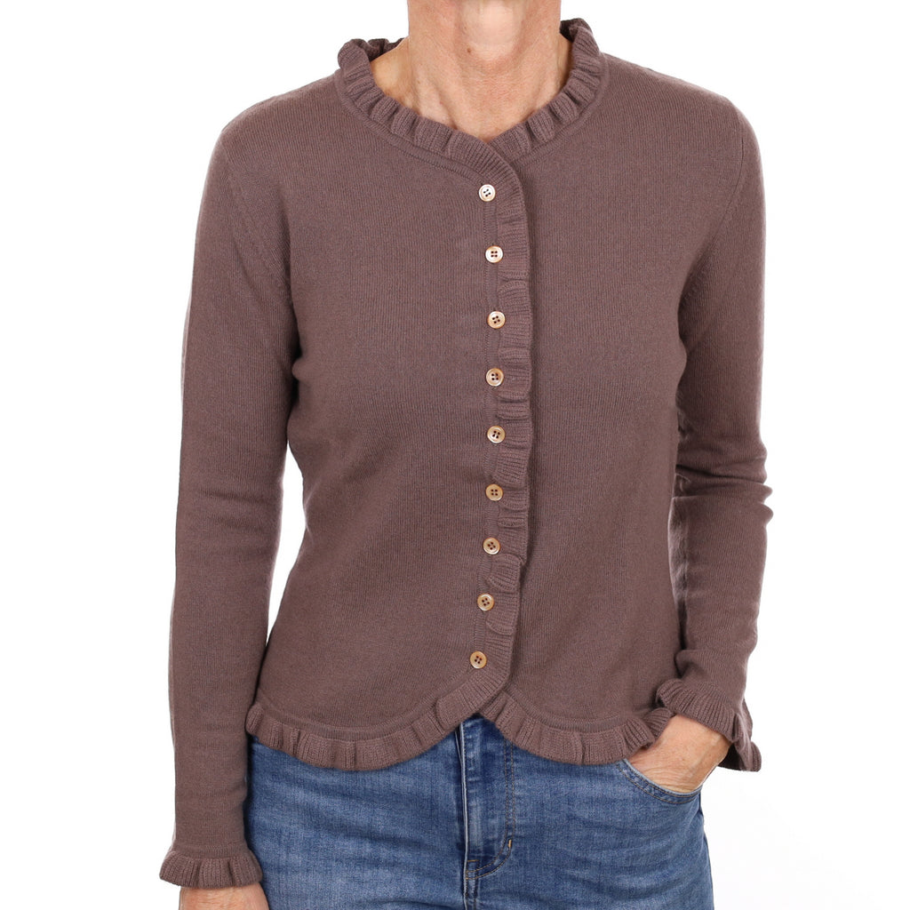 New Mushroom Brown Cashmere Ruffle Edge Cardigan Small