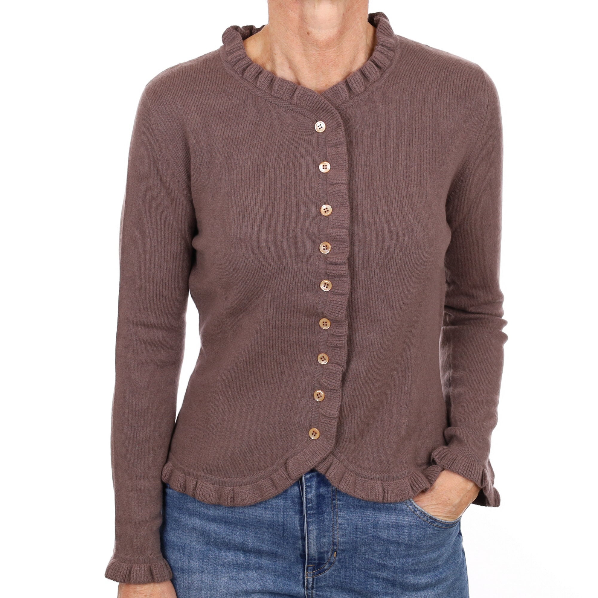 New Mushroom Brown Cashmere Ruffle Edge Cardigan Small