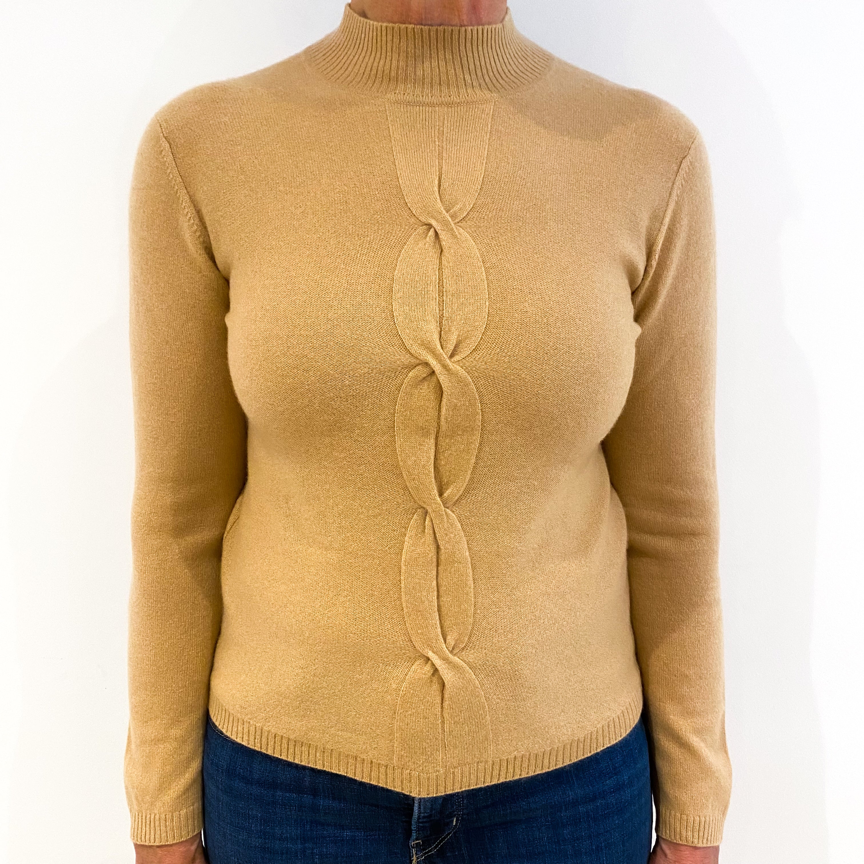 Caramel Brown Cable Detail Cashmere Turtle Neck Jumper Medium