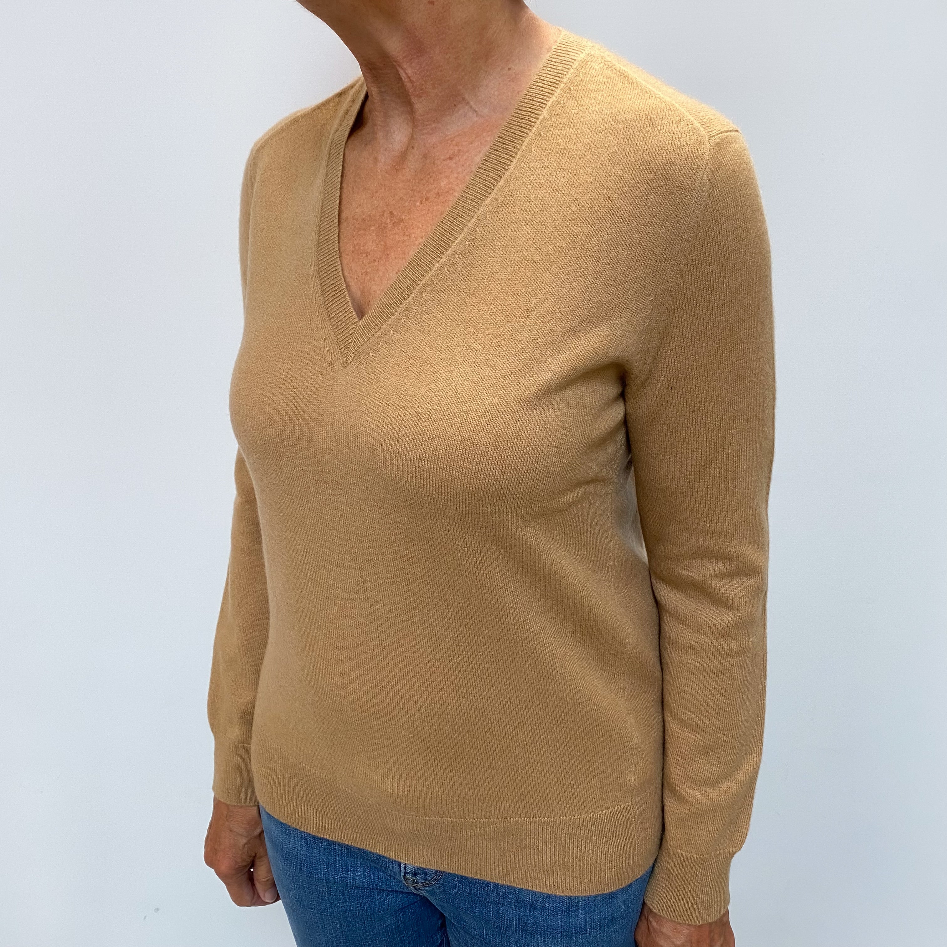 Caramel Brown Cashmere V Neck Jumper Medium