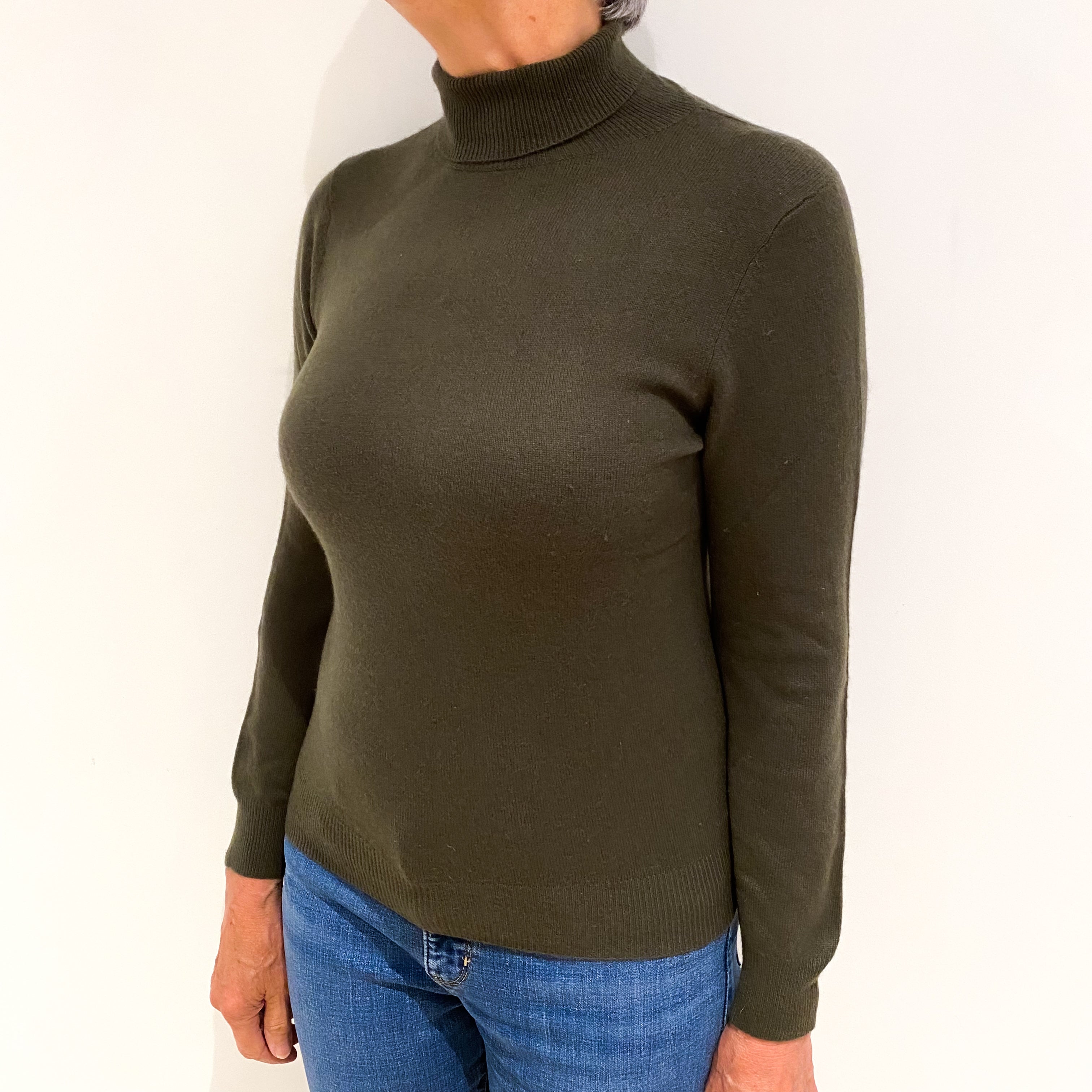 Seaweed Green Cashmere Polo Neck Jumper Medium