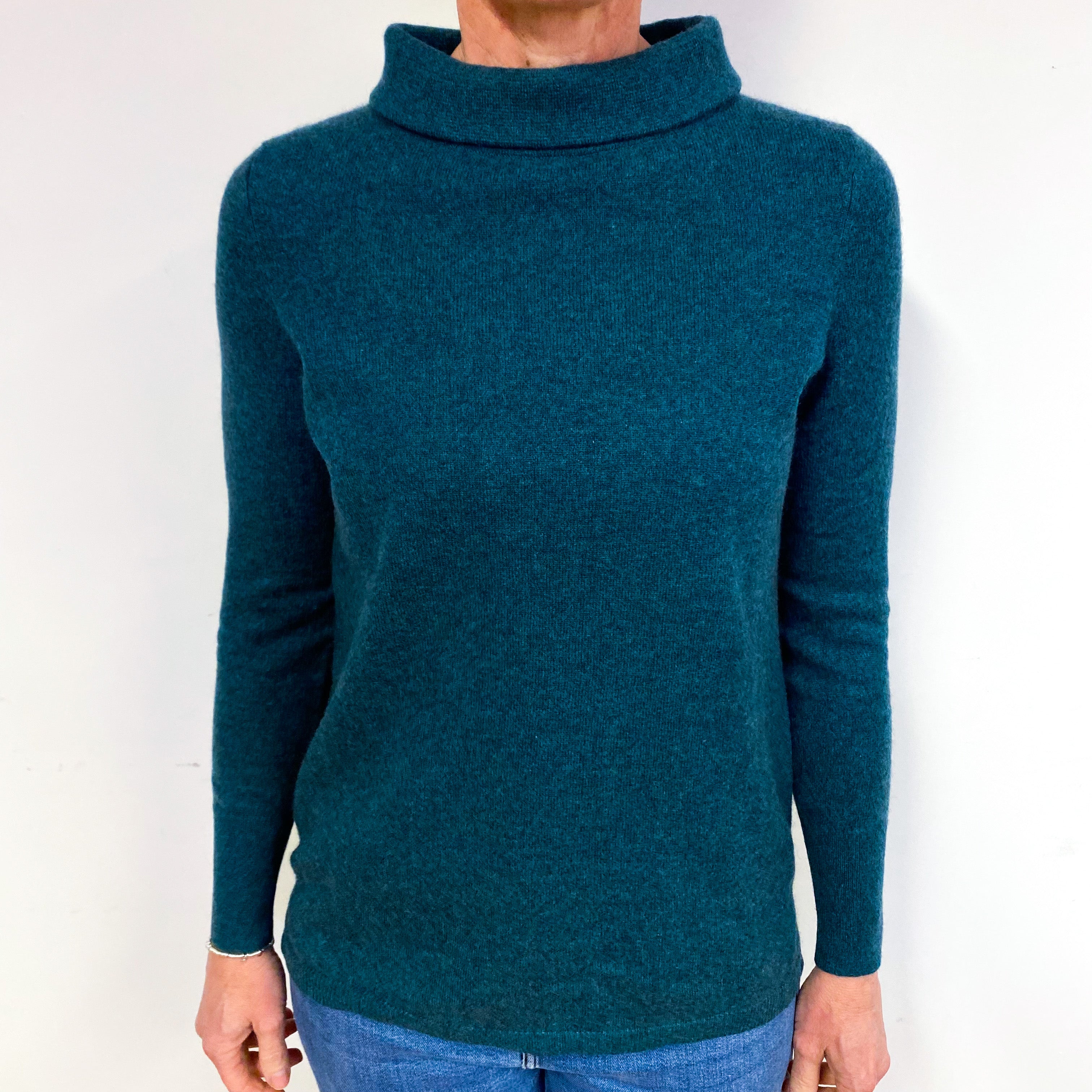 Petrol Blue Cashmere Polo Neck Jumper Medium