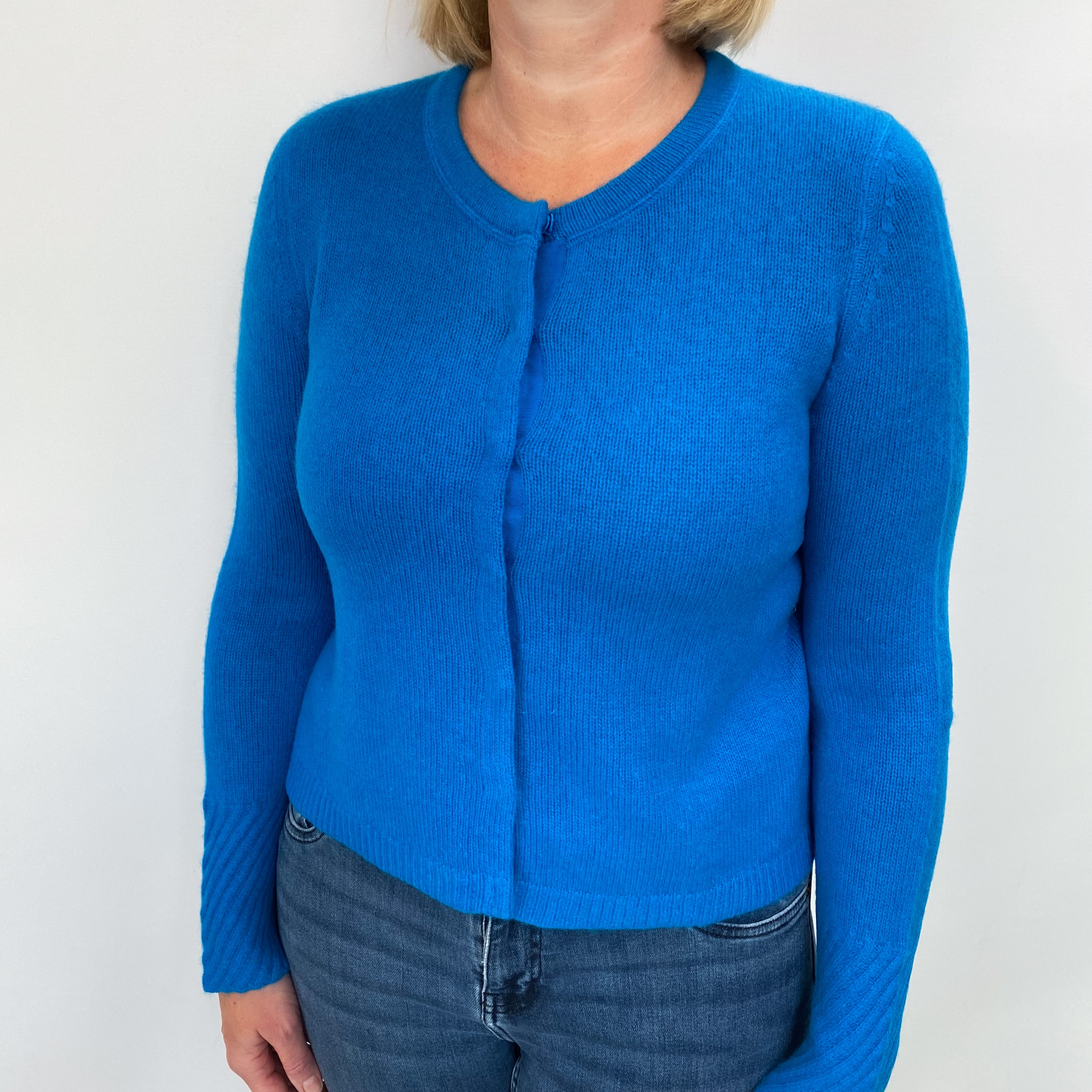 Jigsaw Bright Ocean Blue Cashmere Crew Neck Cardigan Large