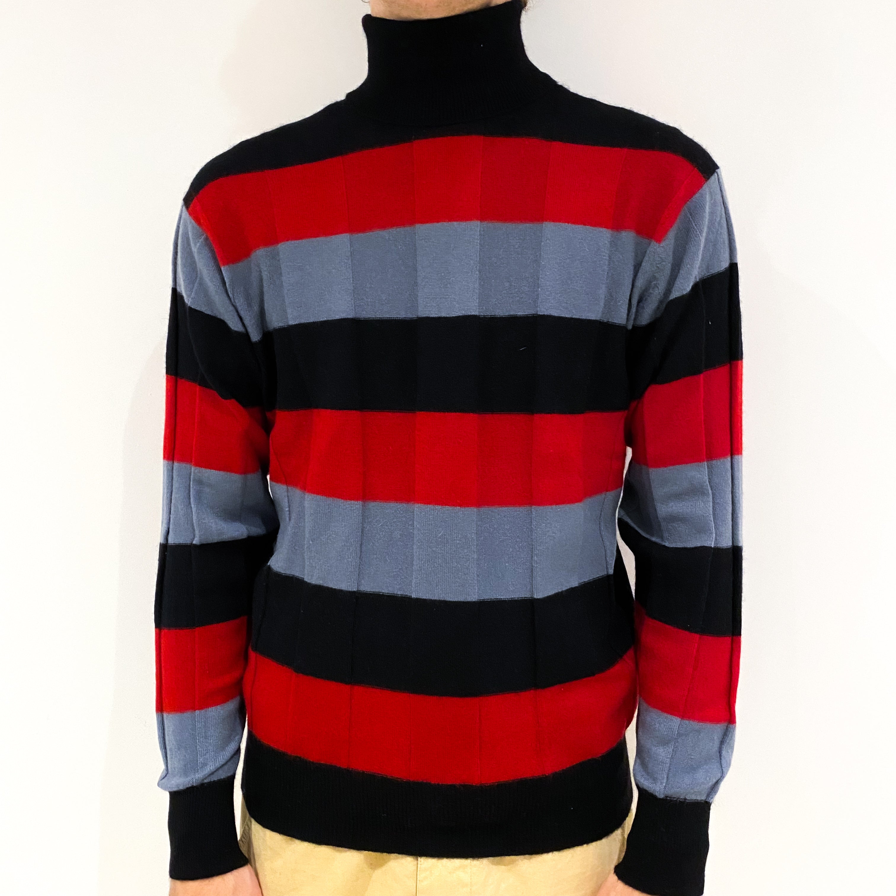 Men's Black Red Grey Stripe Cashmere Polo Neck Jumper Large