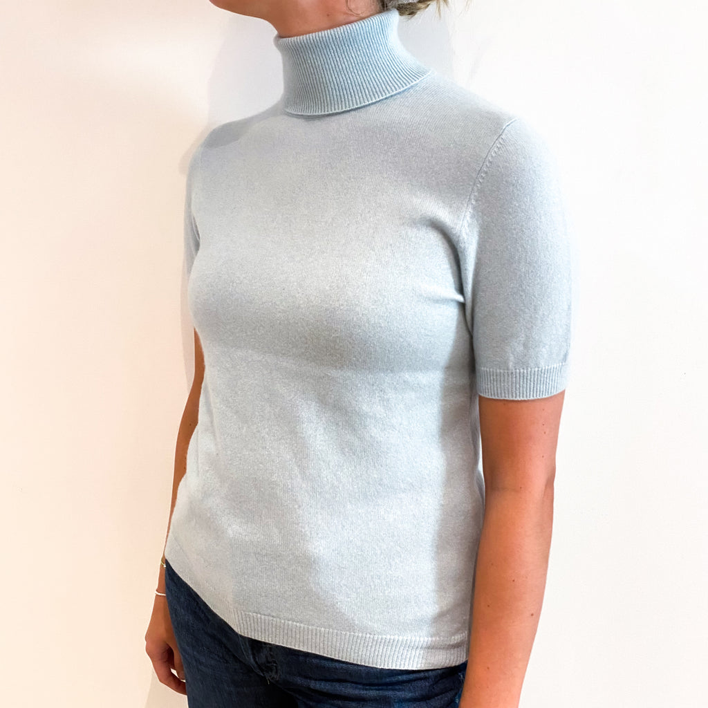 Opal Green Cashmere Short Sleeved Polo Neck Jumper Small