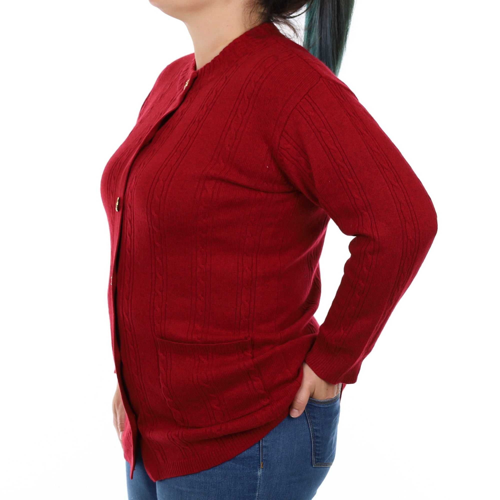Crimson Red Cable Cashmere Crew Neck Cardigan with Pockets Large