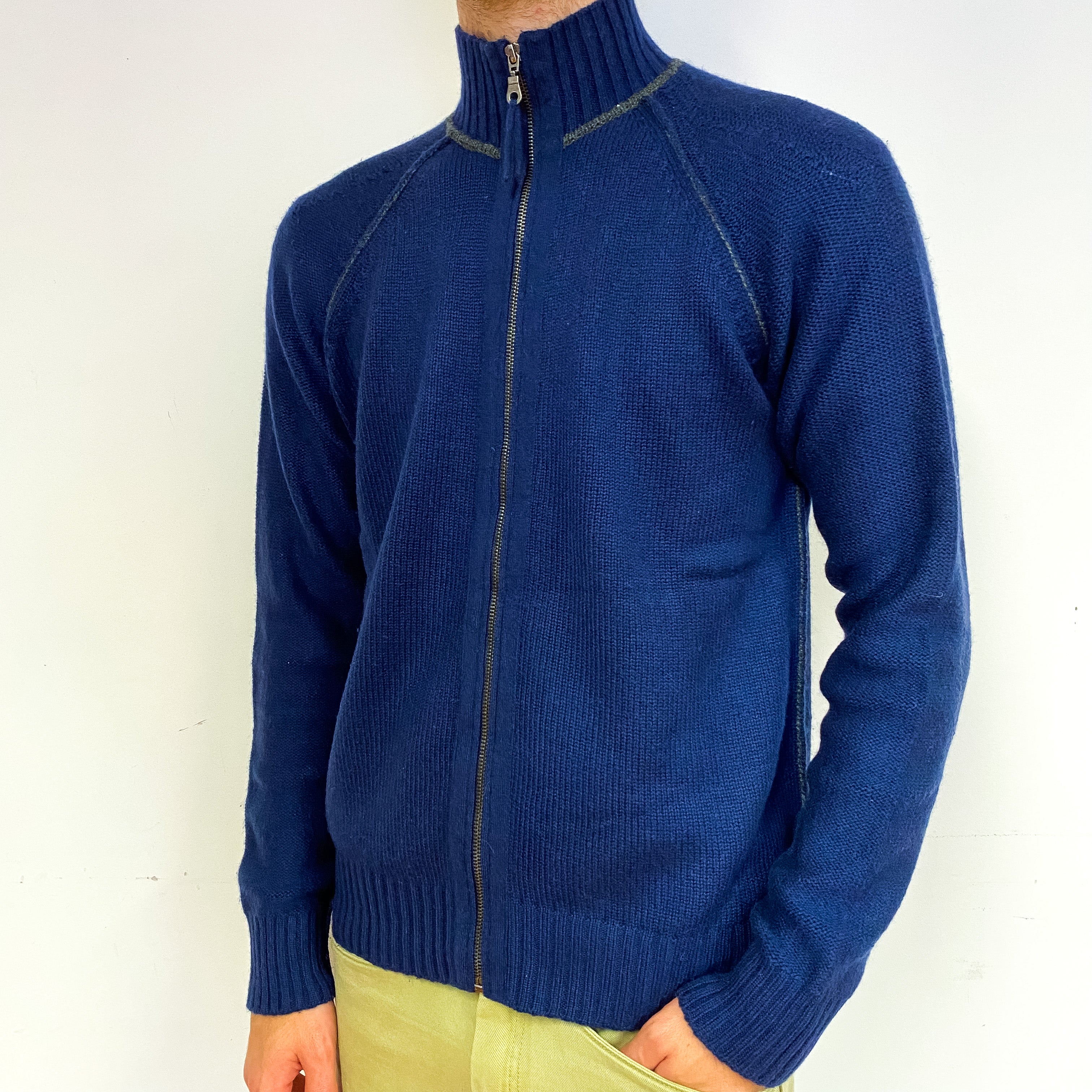 Men's Navy Grey Trim Cashmere Zip Up Cardigan Medium