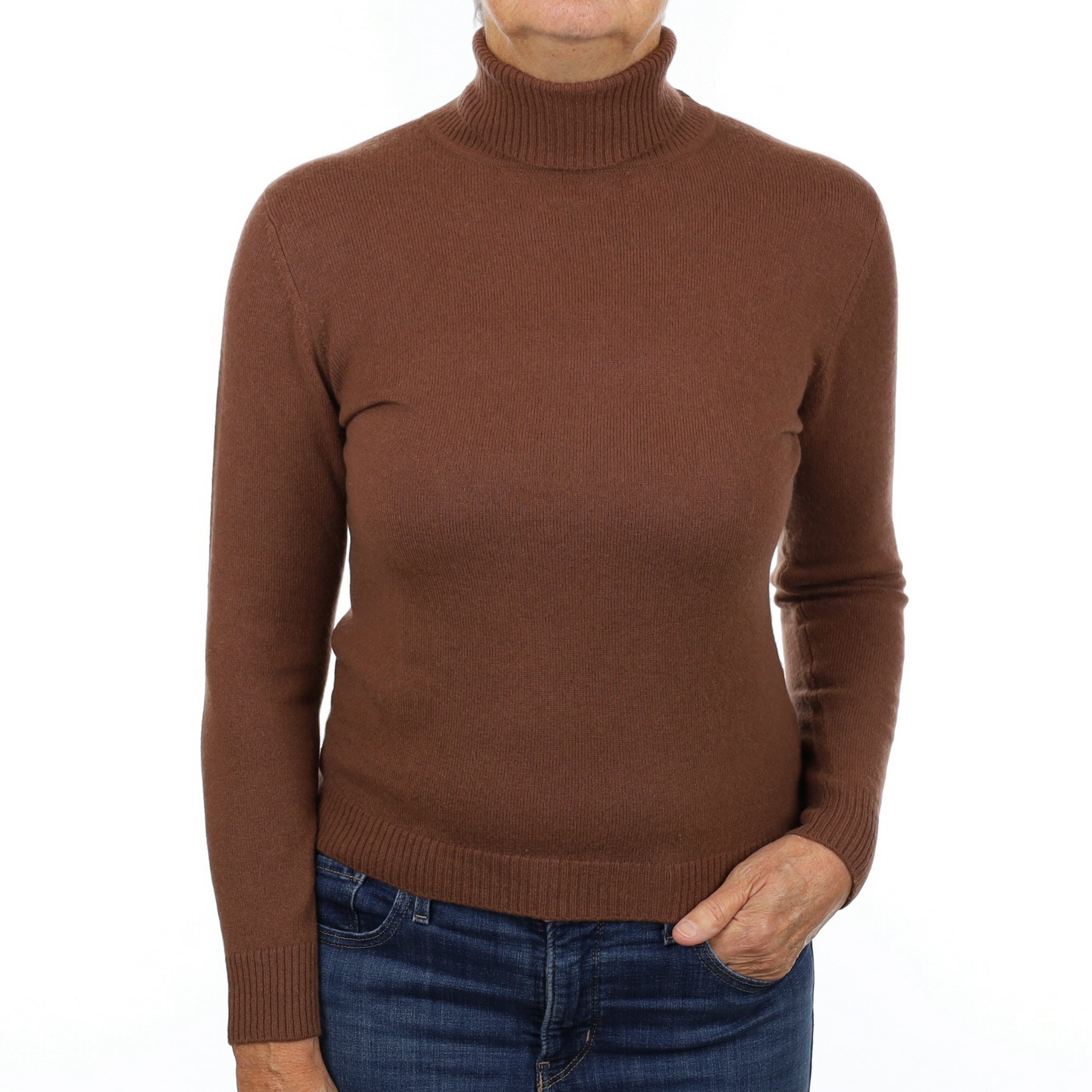 Walnut Brown Cashmere Polo Neck Jumper Medium