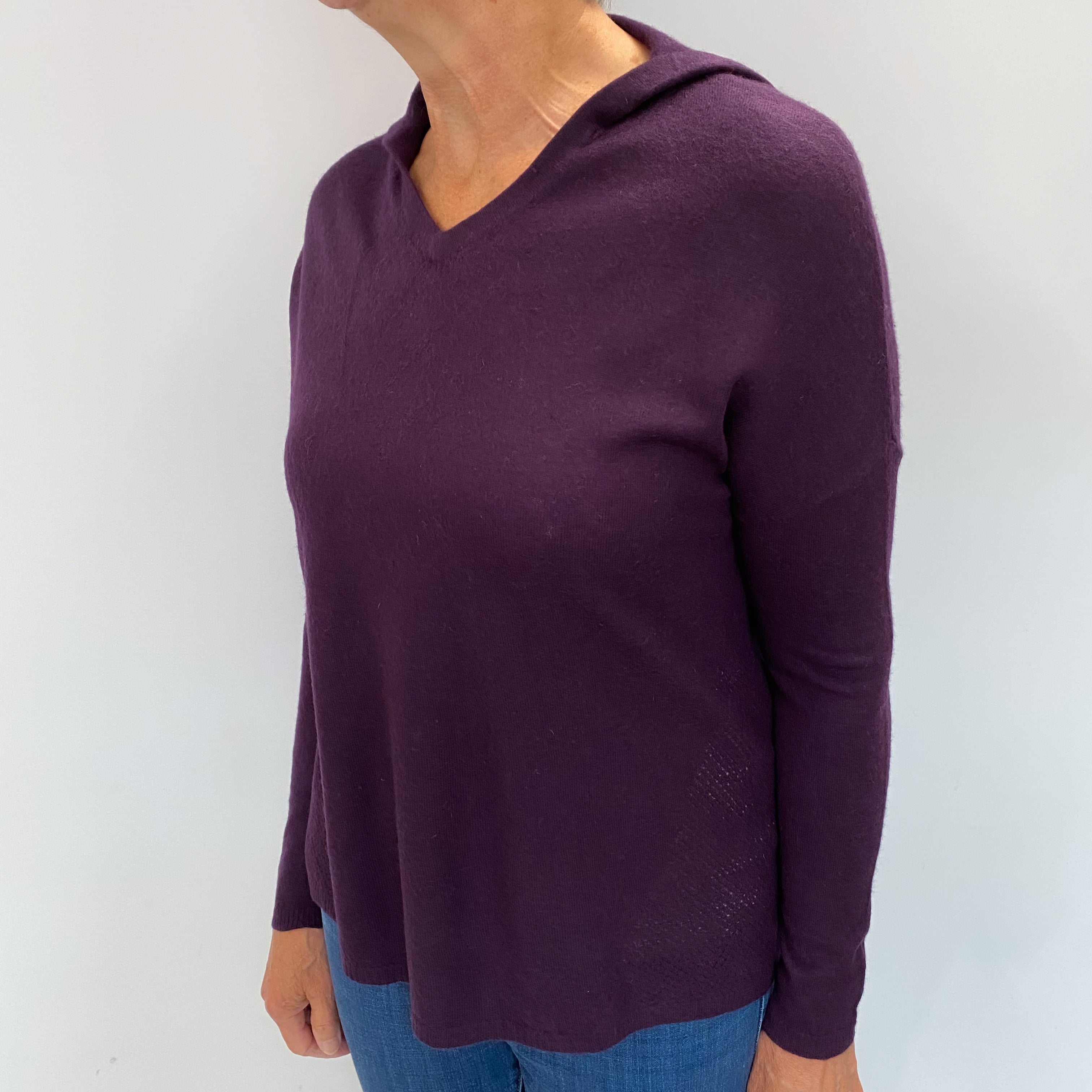 Aubergine Purple Cashmere V Neck Hoodie Jumper Medium