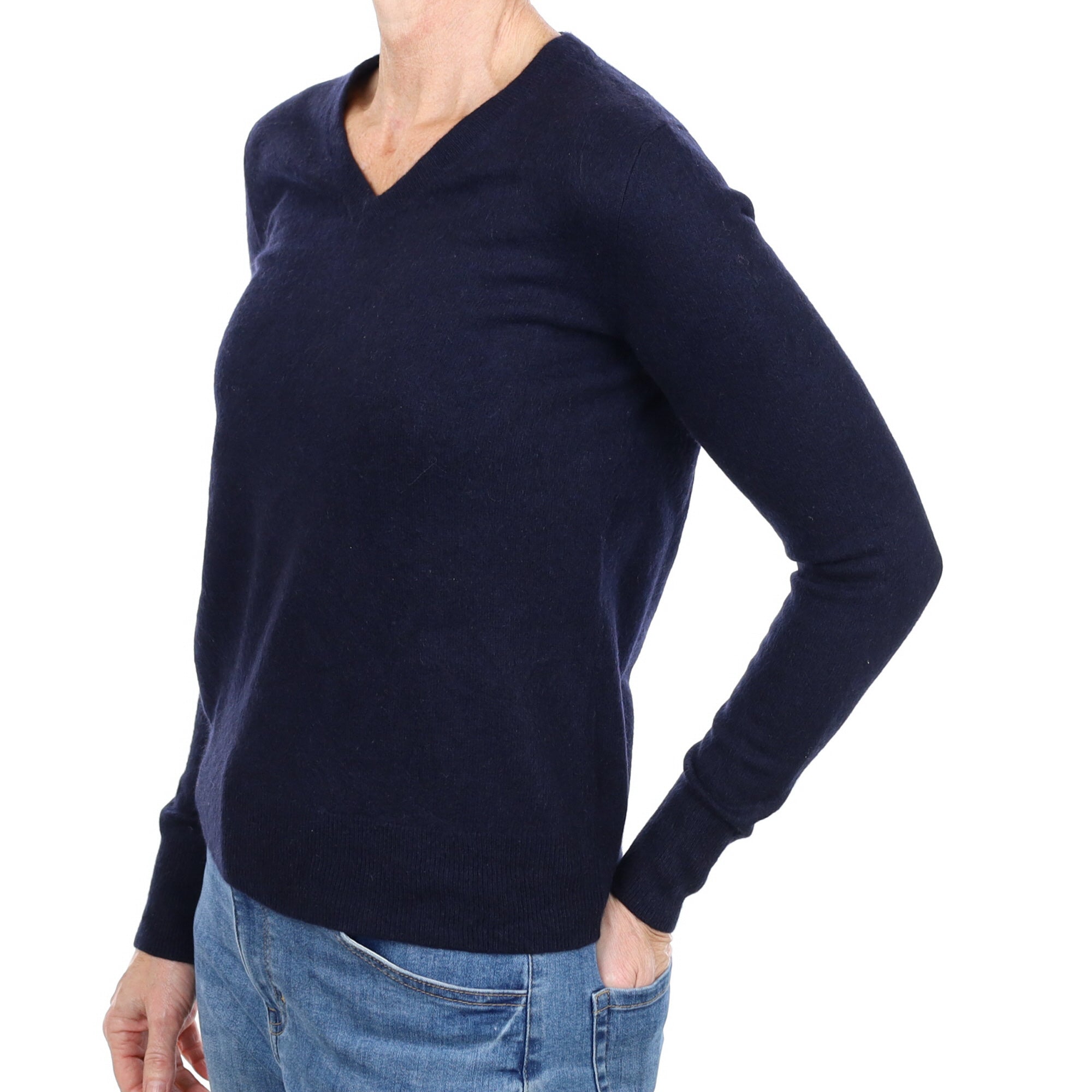 Navy Blue Cashmere V Neck Jumper Small
