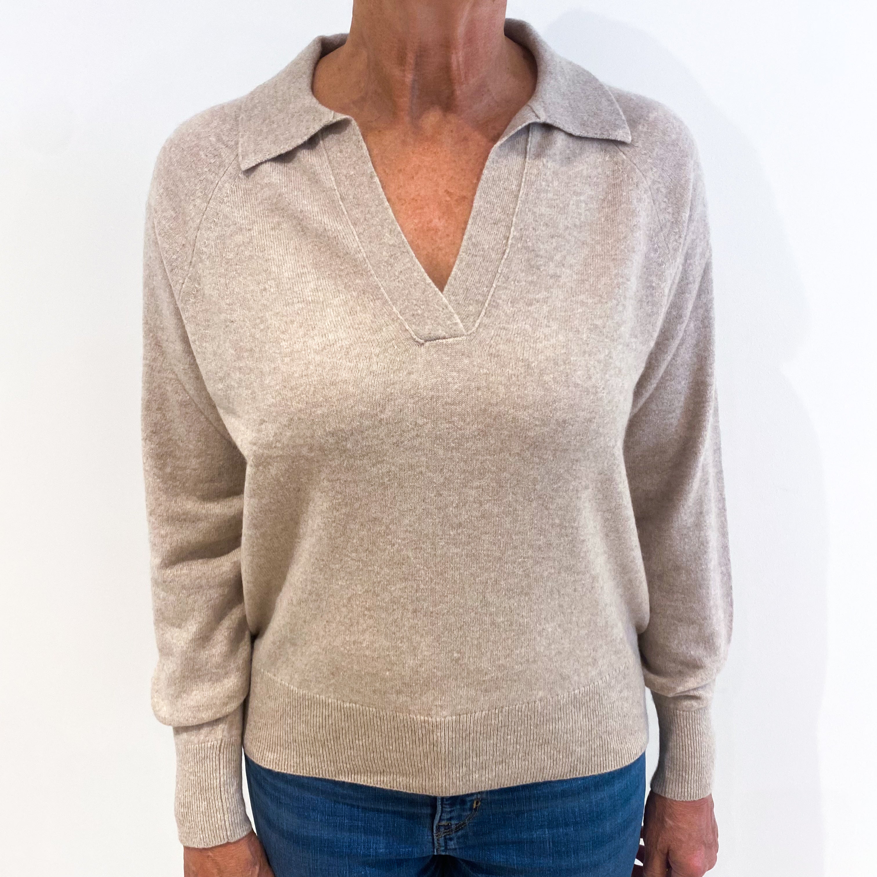 Fawn Beige Cashmere Collared V-Neck Jumper Medium