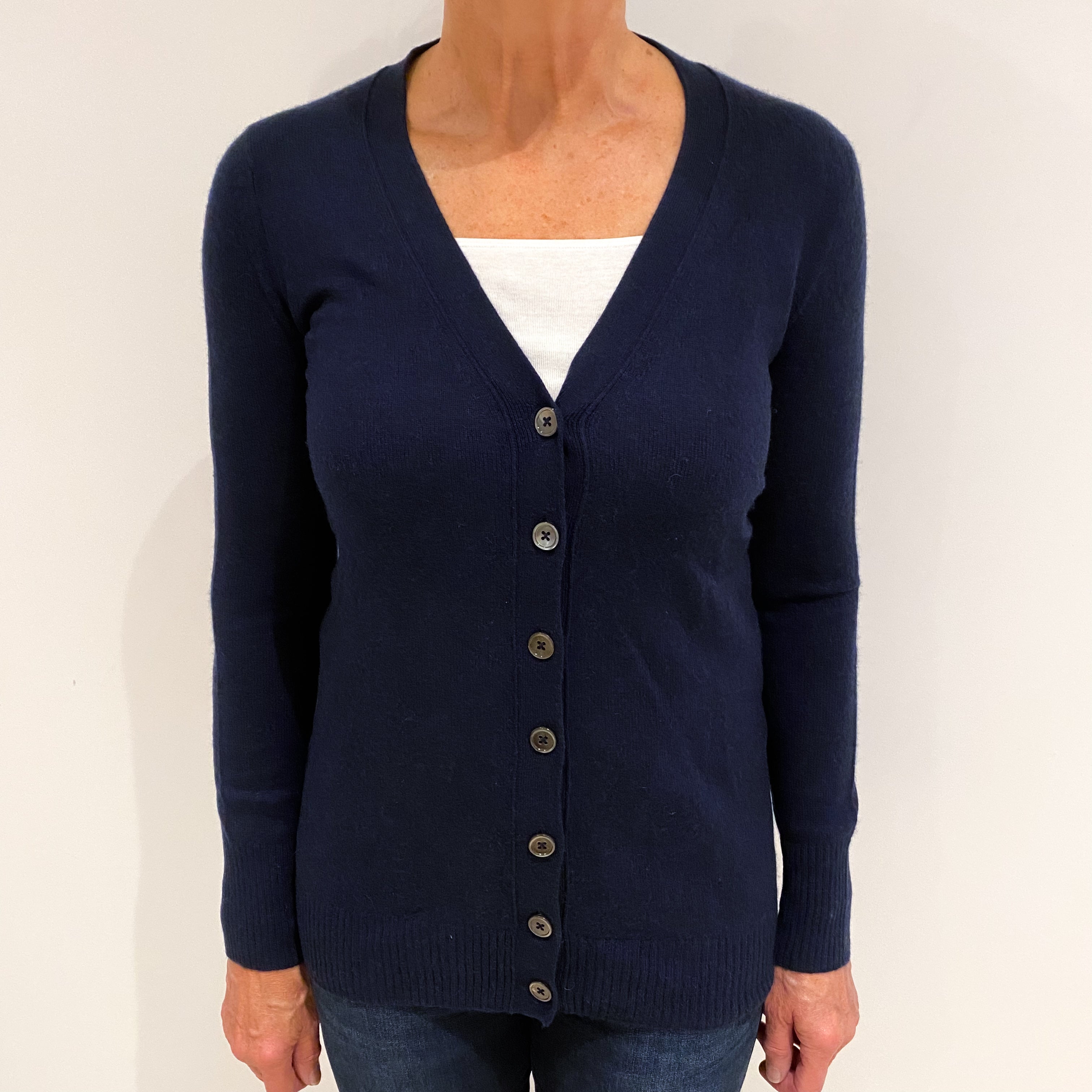 Navy Blue Cashmere V Neck Cardigan Medium