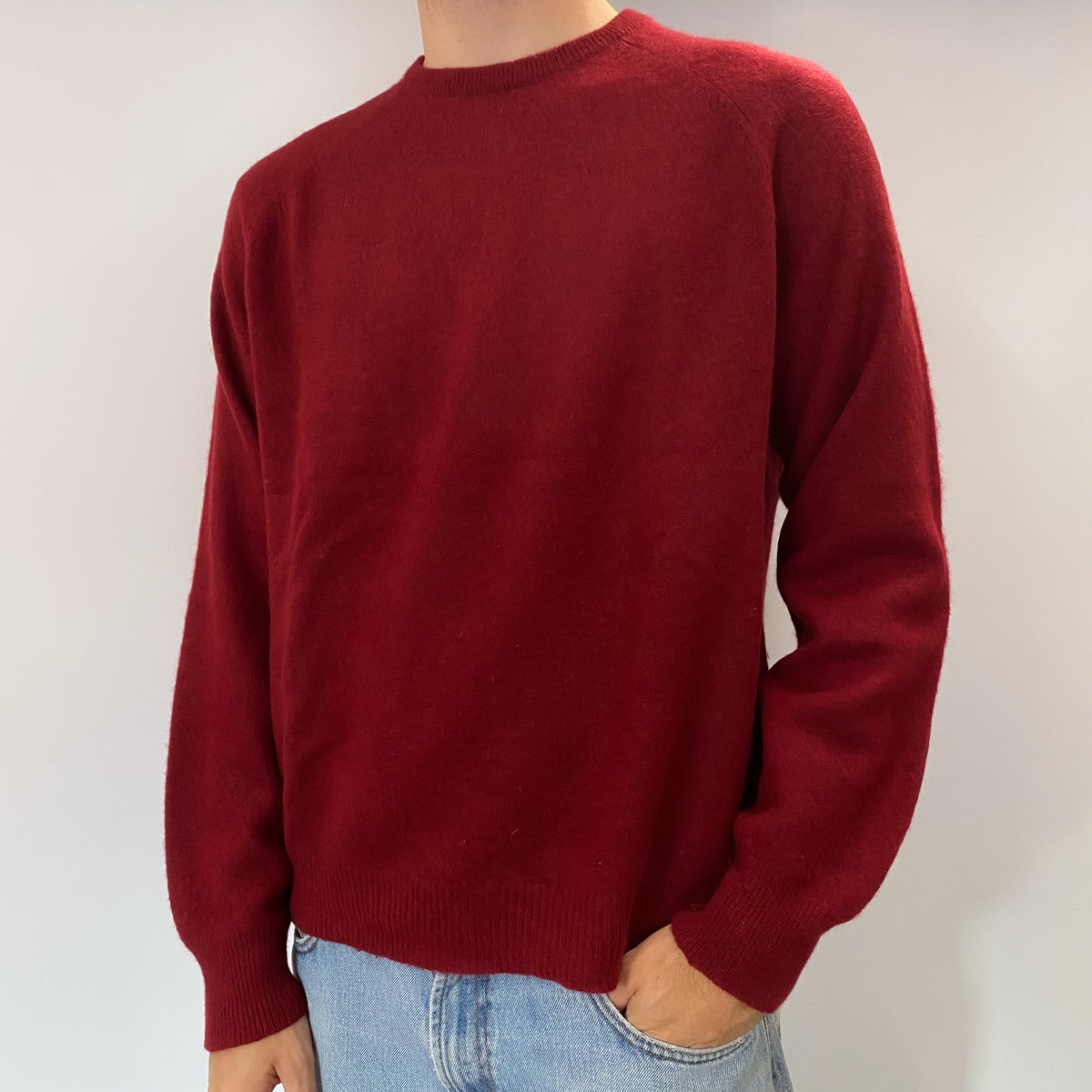 Men's Burgundy Red Cashmere Crew Neck Jumper Large