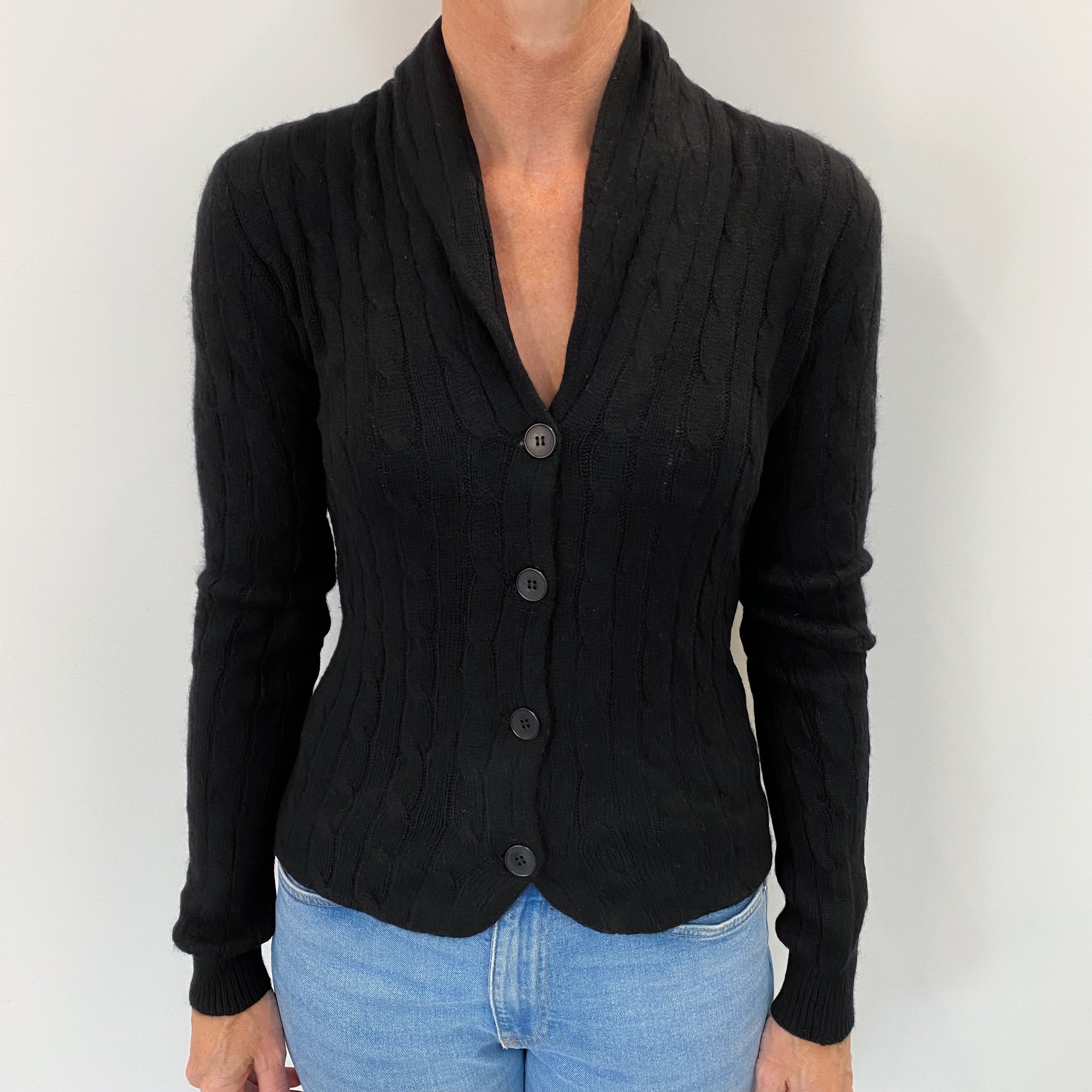 Black Cable Cashmere Shawl Collar Cardigan Small