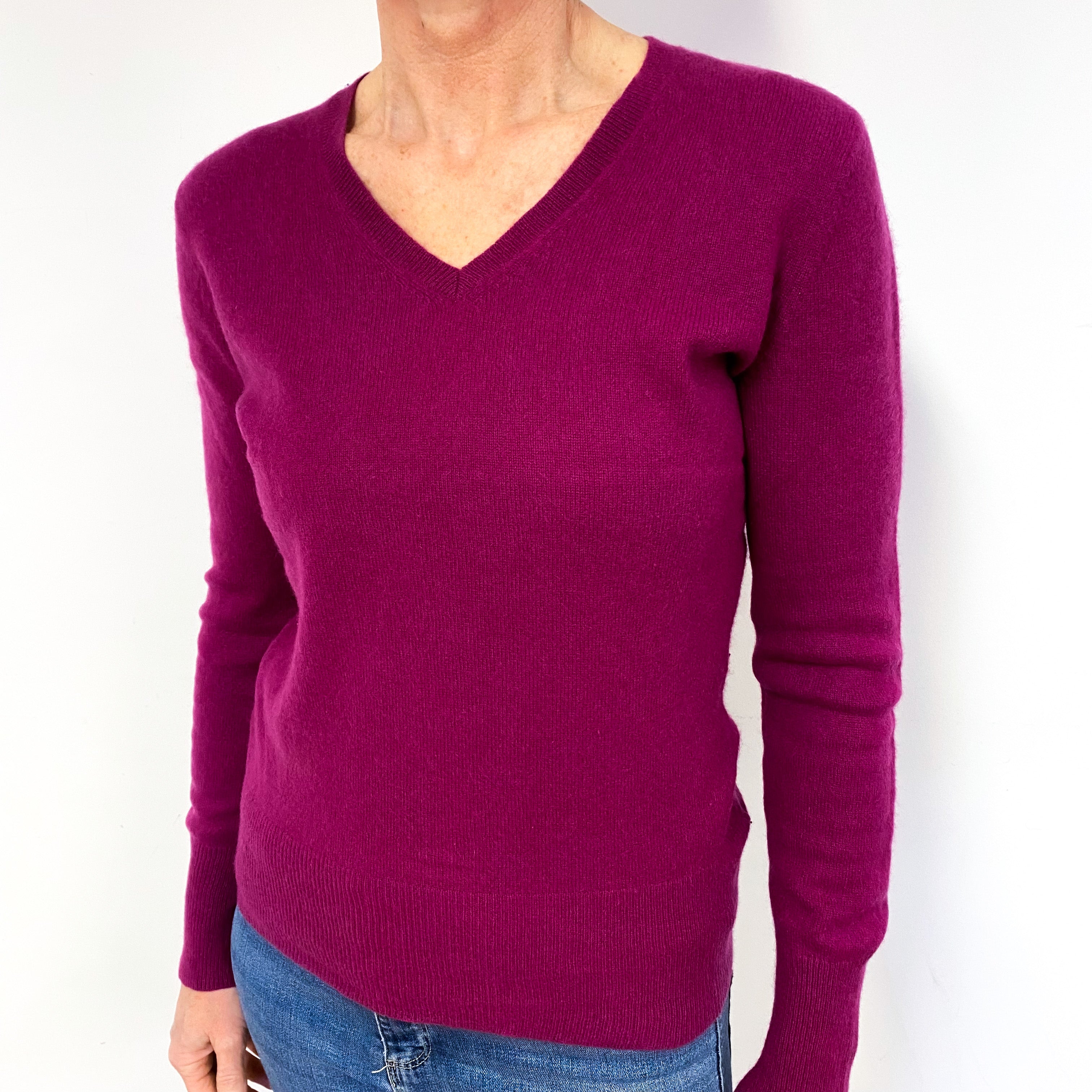 Magenta Pink Cashmere V-Neck Jumper Medium