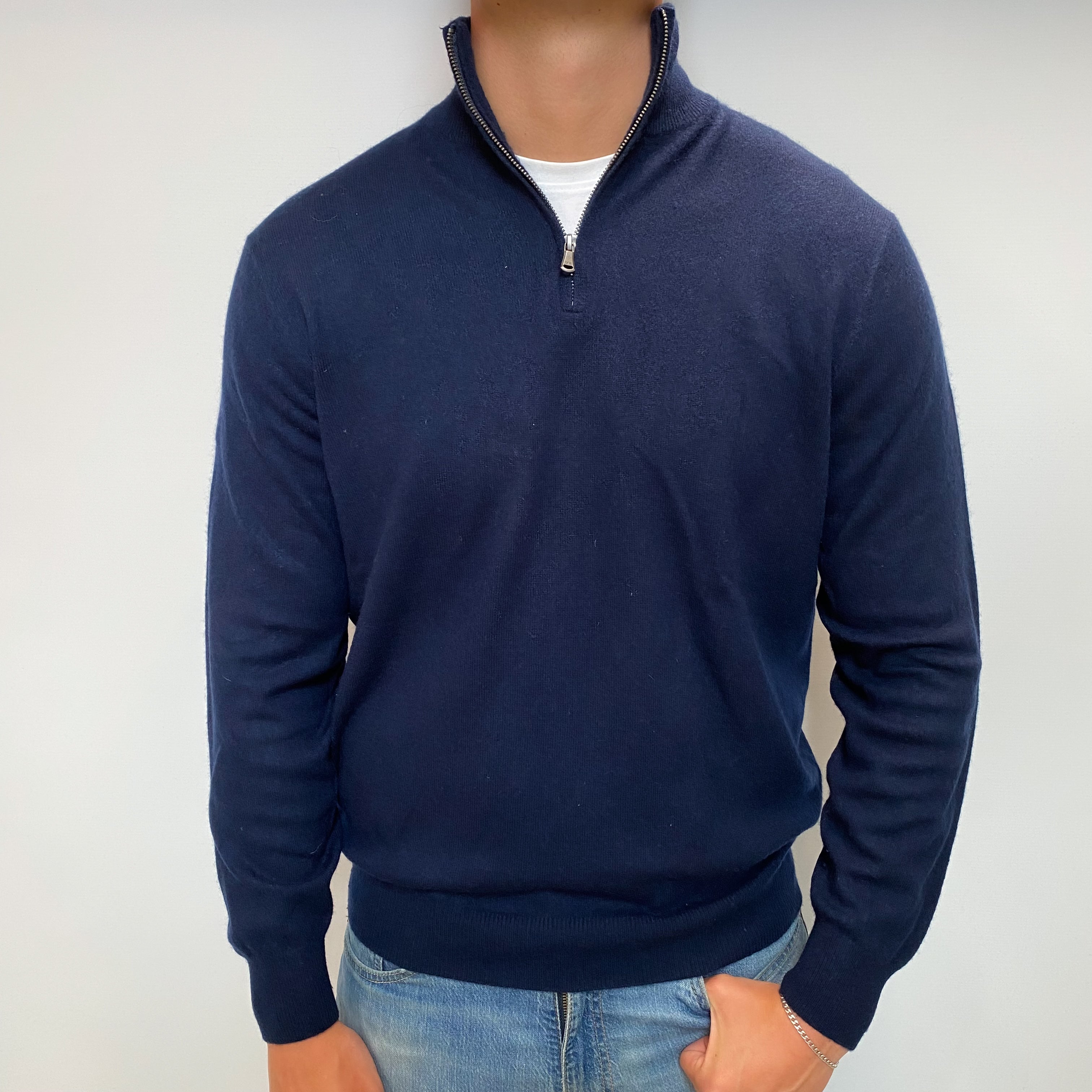 Men's Navy Blue Cashmere 1/4 Zip Neck Jumper XL